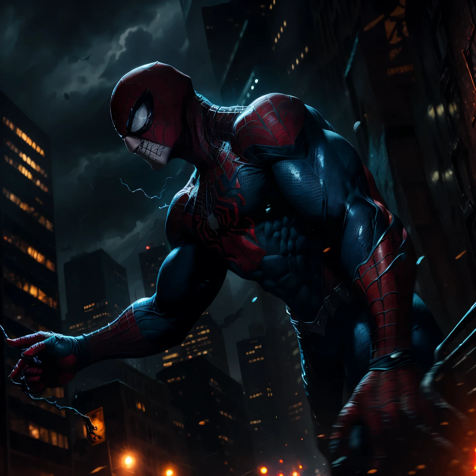 4K 16:9 Image: A thrilling showdown between Spiderman and Venom unfolds under the brooding, stormy New York City sky. The night is illuminated by the pulsating blue and red lights of their powers, casting long, ominous shadows on the cobblestone streets. Spiderman stands tall and determined, his sharp features accentuated by the gritty textures of the cityscape behind him. His facial expression is intense, his eyes focused on Venom, who sneers menacingly with his fangs bared and his symbiote skin rippling with dark, alien patterns. The veins on his forehead bulge, and his eyes glow ominously with