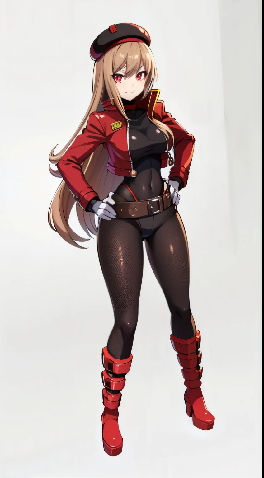 (Best quality, complete body, good anatomy, anime style) Rapi(Nikke), red eyes, light brown hair, long hair, smile, looking at you, black bodysuit, red jacket, red militar belt, black and red beret, red platform boots, no background.