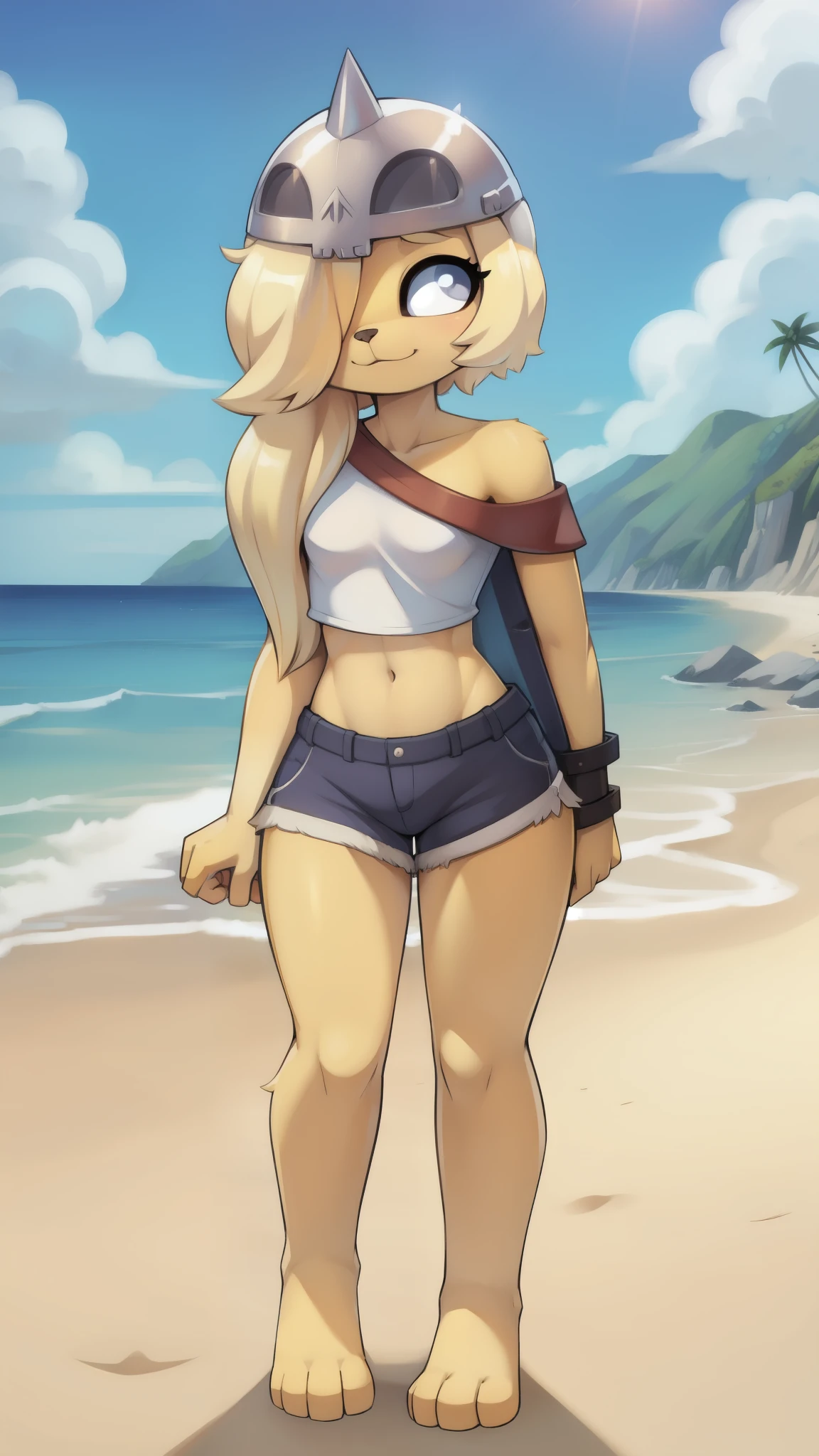 bronwyn, hair over one eye, blonde hair, furry female, long hair, yellow body fur, small breasts, single horn, ((helmet, white shirt, one shoulder, midriff, shorts)), detailed body fur, detailed face, detailed eyes, glistering body, shiny body, gorgeous body, masterpiece, full body, feets with three toes, 3 toes, standing, beach, clear sky, full body, :3, athletic body, looking at you,