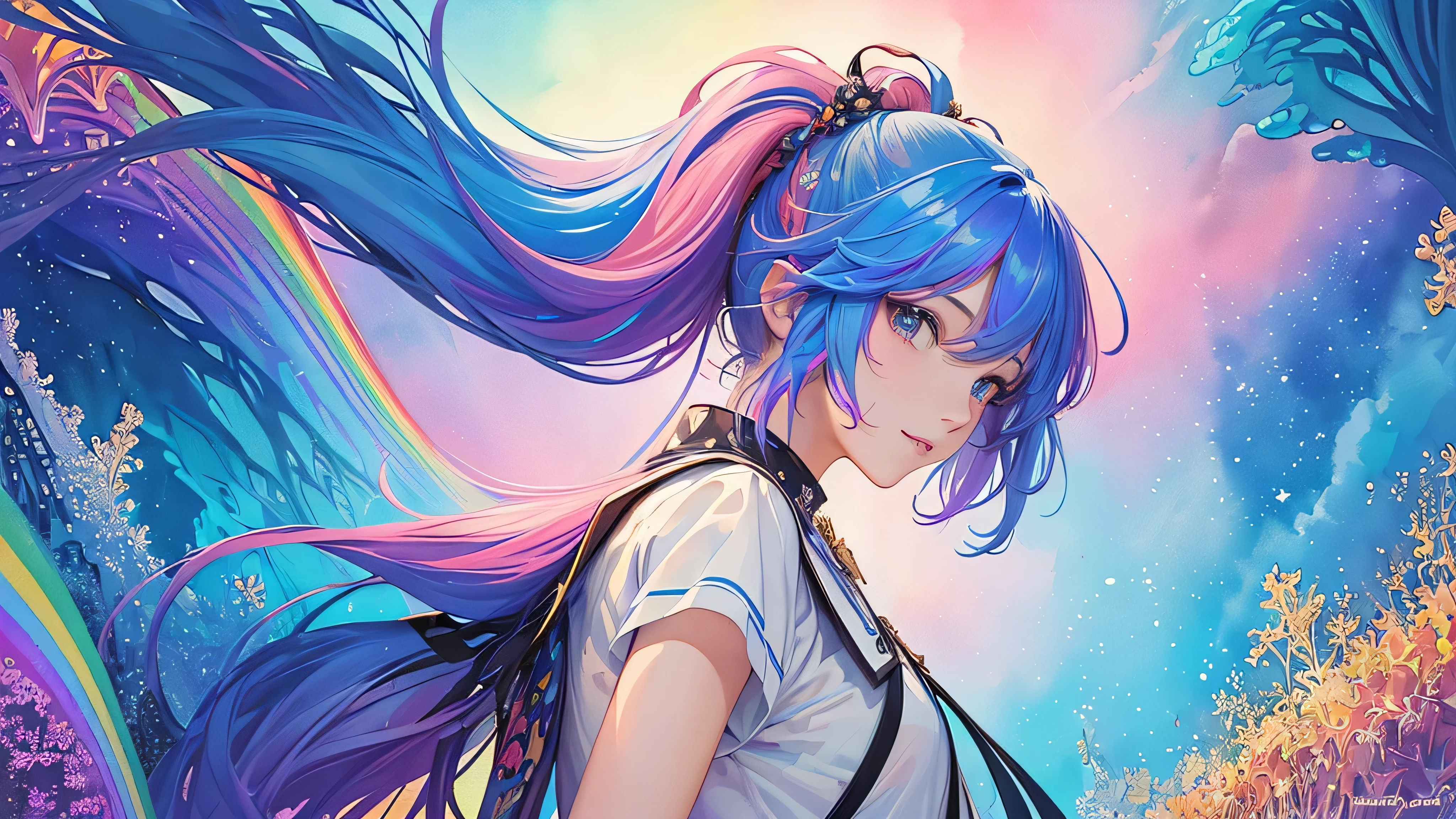 (masterpiece, quality, Best quality at best, watercolor (Moderate), Official Art, Beautiful and beautiful: 1.2), (1 girl: 1.3), (Fractal Art: 1.3), Upper body, From the side From the side, Look at the audience, Patterned, (Rainbow Hair, colorful Hair, Half blue, Half pink hair: 1.2), water, liquid, cloud, colorful, starsky, star, uniform, smile,ponytail