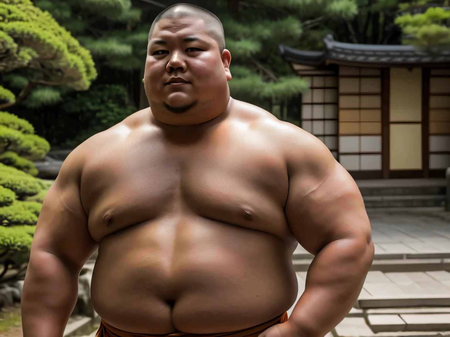 A young monk from ancient Japan, who looks like a fat bodybuilder like a sumo wrestler、He was standing there with a sunburned face and a haggard look on his face.
