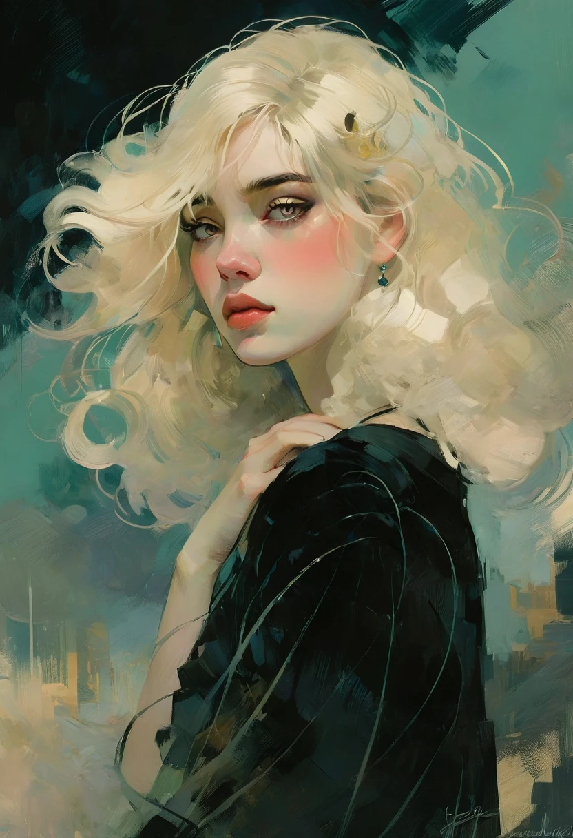 (best quality,realistic:1.2),ultra-detailed,blonde hair,Malcolm Liepke style,mucha,frontage,1girl,black hair,long hair,detailed eyes,detailed lips,closed mouth,emotional painting,pale color palette,soft brushstrokes,sensuous,expressive,graceful,subtle light and shadows,quiet contemplation,vintage aesthetic,romantic atmosphere,wistful,serene ambiance,captivating gaze,graceful pose,delicate features,dreamlike quality,ethereal beauty,subdued tones,delicate skin texture,classic elegance,sublime composition,masterful technique,impressionistic,radiant energy,subtle emotion,intricate details,subdued color scheme,soft and gentle,subtle facial expression