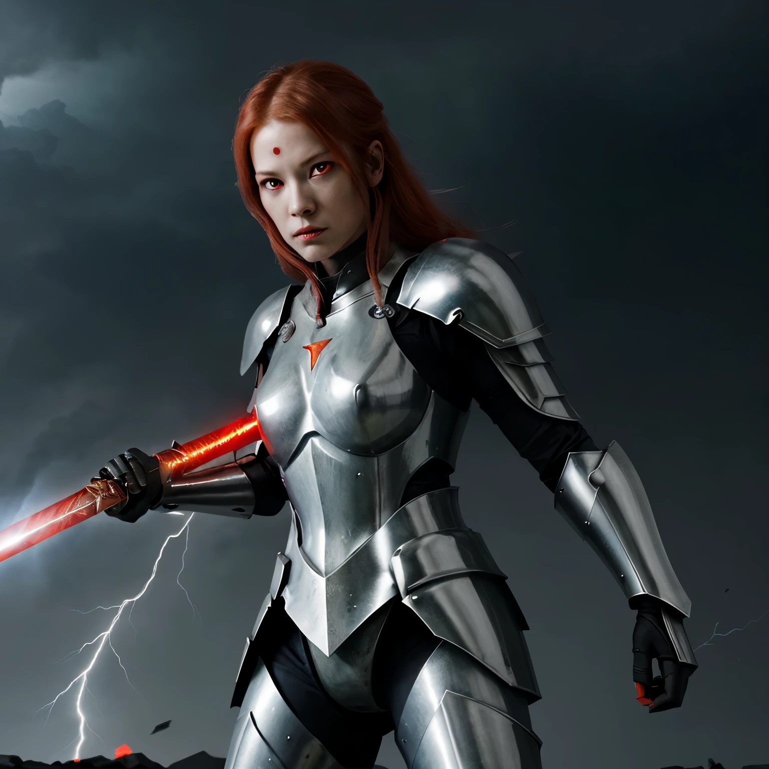 Illustration, suit of armor with red eyes, lightning powers, lightning sword