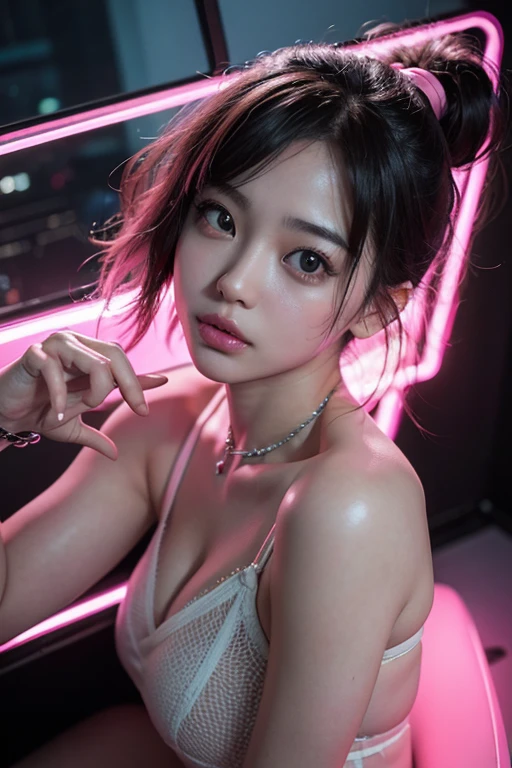 top-quality、masterpiece、超A high resolution、(Photorealsitic:1.4)、Raw photo、(One girl tied to a mechanical device)、13years、Shiny platinum hair、A look of shame、glowy skin、((super realistic details))、portlate、globalillumination、Shadow、octan render、8K、ultrasharp、Colossal tits、cleavage of the breast、(Underbust of exposed raw skin:1.4)、(White latex micro bikini without strings:1.4)、Upper Arm Chain、high intricate detailed、Realistic light、CGSoation Trends、a purple eye、radiant eyes、Facing the camera、neon details、sitting on、Futuristic hair ornament、Gundam、Small LED lamp、Purple neon lighting、Green neon lighting、
