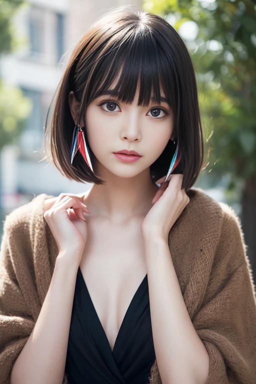 (((masterpiece, highest quality, Super detailed))), 1 female, (((very thin body))) , (((length, thin legs))), (((Colorful short hair, thick and fluffy bangs ))), (((highly detailed face))), cosmetics free, small and thin nose, small thin mouth, (((Very sharp focused eyes))),  Japanese,  beautiful face, (lifelike face),  beautiful hairstyle, realistic eyes, fine and beautiful eyes, (real looking skin), beautiful skin, charm, Photo shoot that recreates Tim Burton&#39;world view、The mysterious Colorful costume is also one of the highlights..。Victorian style  Colorful dress and suit、Design with gothic elements.。standing in a vibrant and whimsical townscape adorned with a plethora of colorful balloons filling the sky. The scene exudes a fairytale-like atmosphere with an abundance of balloons floating around, creating a picturesque and enchanting setting reminiscent of a storybook., many colorful balloons, (Rainbow-colored hair:1.2), (Rainbow-colored :1.1) dress, (arms behind back:1.1), beautiful landscape, (dutch angle:1.1), (fisheye:1.2),