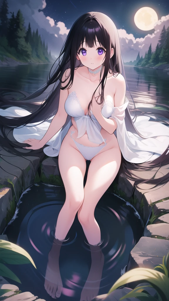 Amazing Chitanda, 只有一个beautiful girl,Purple Eyes, Black Hair, Naturally straight hair, Straight bangs,Extremely refined,open your lips,Face is so red,The skin is very white,big eyes,Long flowing hair,beautiful girl, Like a dream,Slim,Soft, (Sensual), (Kawaii), Dream quality,night,moonlight,Starlight,Bathing in the lake,There was a mist,soaking in water,Completely naked,No clothes,Exposing breasts,Half immerse yourself in water,Water flows through,No pants,Delicate clavicle,Delicate hands and feet,Bare neck,Bare thighs,Exposing the groin,Camel toe,Bare legs,barefoot,extremely shy,Ultra-high resolution, (masterpiece:1.2, best quality), (Delicate and beautiful eyes: 1.2), (Beautiful and delicate face)