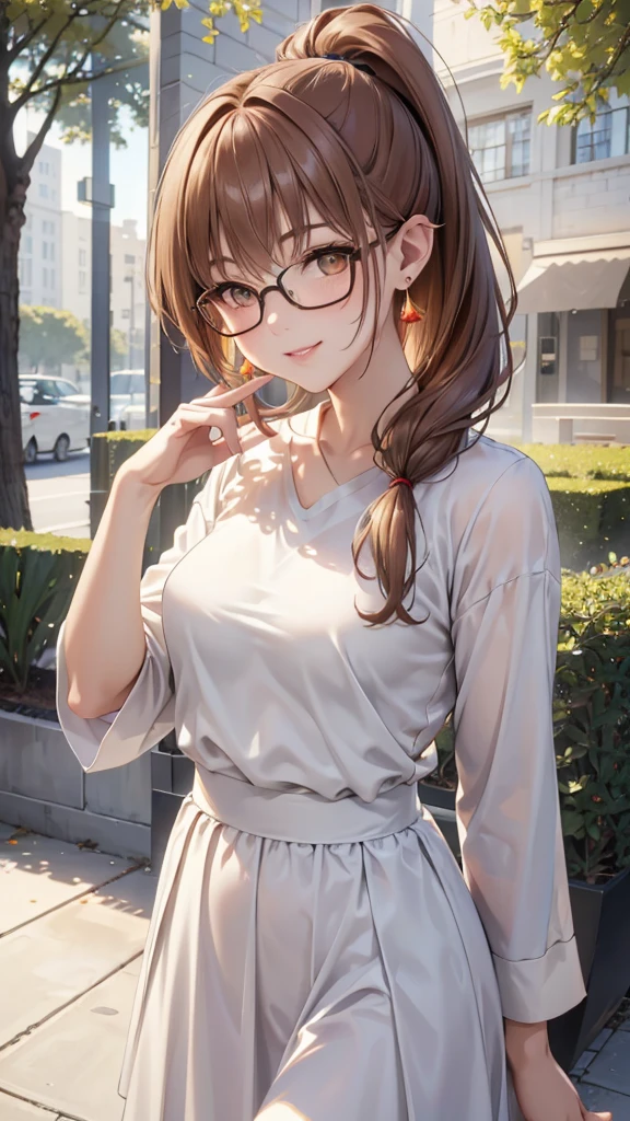 walk in the park, masterpiece, highest quality, (maximum resolution: 1.2), (Ultra HDTV: 1.2), cinematic light, Ultra HDTV, (detailed eyes and skin), (detailed facial features), 8K resolution, sharp focus: 1.2, perfect body, Anatomically correct, beautiful face, double eyelids, thin eyebrows, natural lip color, 25 years old lady, cheeks are red, slender body, small breasts, glasses, smile, pretty earrings, white T-shirts(extra large size: 1.2), orange long skirt, ponytail hair,