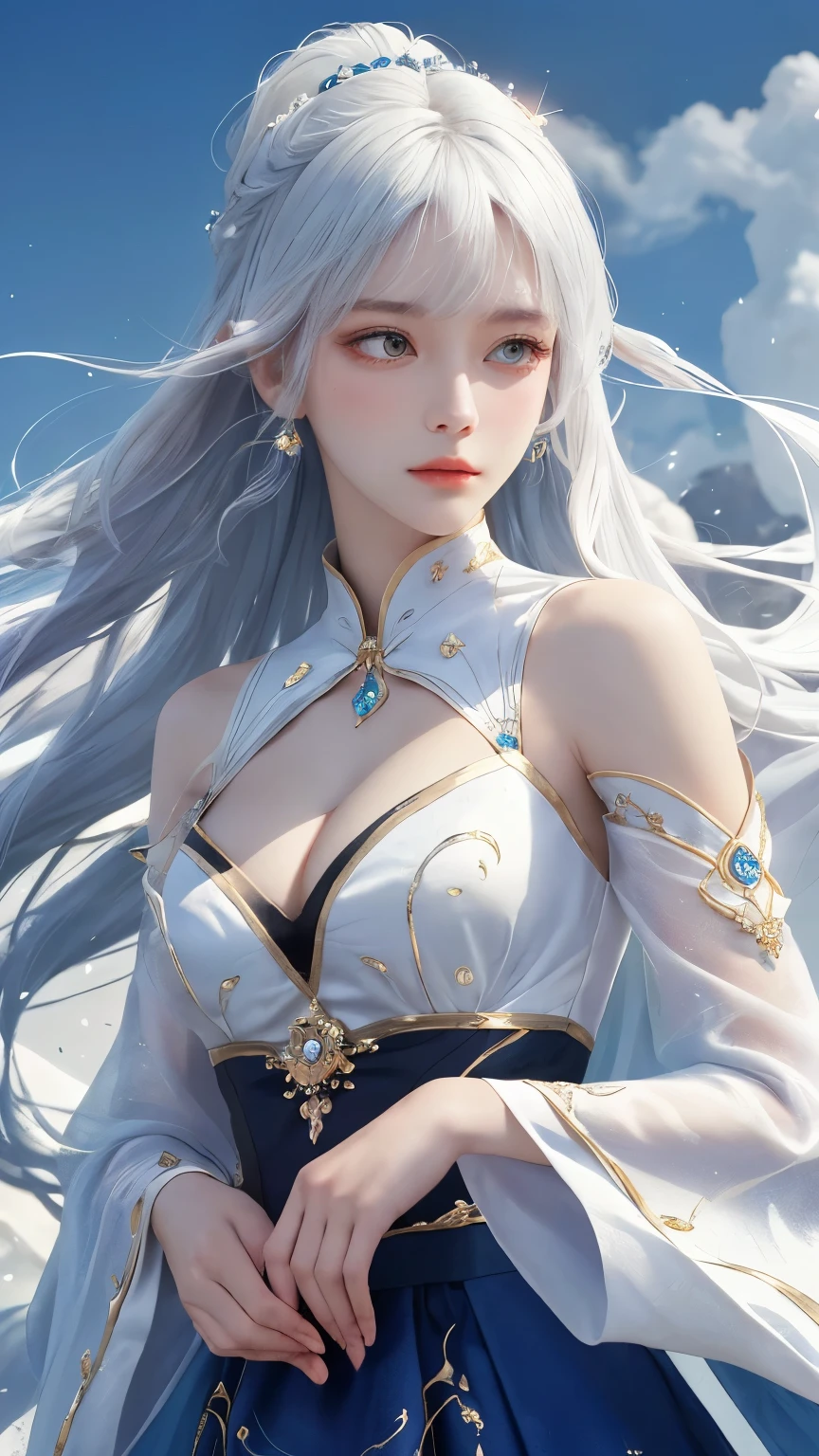 (masterpiece, Highest品質, Highest, Official Art, beautifully、aesthetic, exposed for a long time: 1.2), Smooth movement, Captivating patterns, 1 girl, (Long skirt with embellished sleeves: 1.3), A luxurious off-the-shoulder cape, close-up, No shoulders, White-haired Russian girl, blush, （White long hair、Long white hair:1.5）, Portraiture, alone,, , Thin legs、Beautiful cleavage, An ennui look, Face close-up, Ultra Wide Angle, gaze observer, Detailed Background, Detailed face, (Crystal AI, Crystal theme: 1.1), Wind Spirit, Spinning wind, Controlling the Wind, Heavily decorated crystal dress,,Put one hand in your hair Floating particles, Spiritual Power, whirlwind, vapor, whirlwind in background, White Tone, whirlwind, Mysterious atmosphere,
