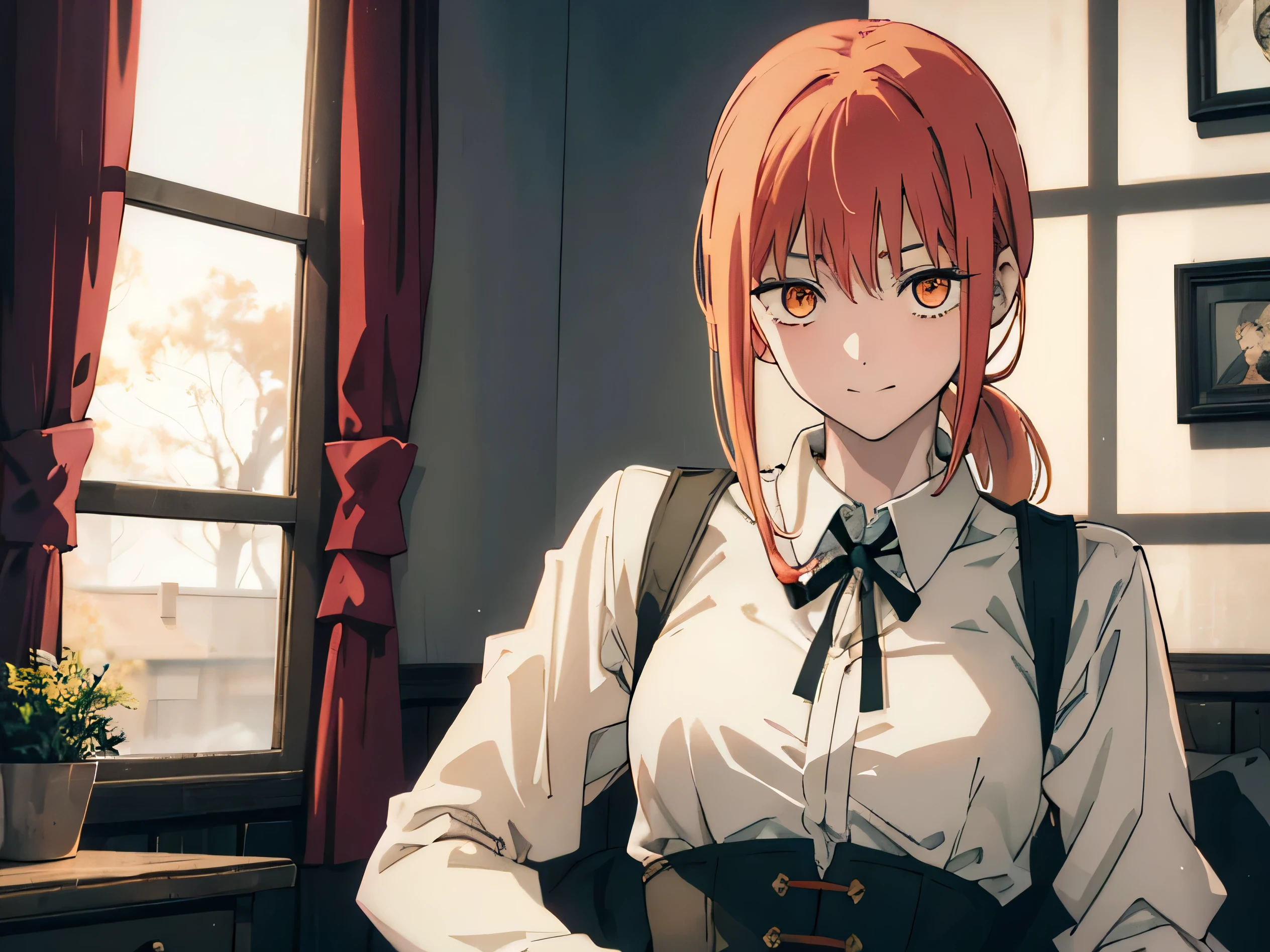 hand,1 girl,scared, scared smile, Chainsaw Man Anime Style, Redhead, bangs, ponytail, scared, Shining Eyes, hand from chainsawman, View your viewers, Dark Background, Both of us, Golden Eyes, hand/(Chainsaw Man/), 8K, super high quality, masterpiece, Sexy corsets, lace and lingerie with great detail,Bedroom, ((masterpiece)), (((highest quality))), ((Super detailed)) ,