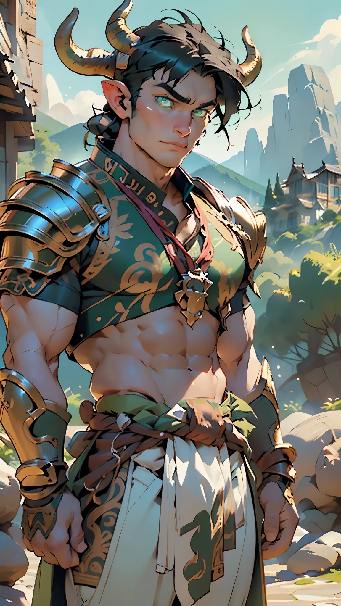 (((bull's head man))),A bull-faced man with his arms crossed,(((mythological minotaur))),((exaggerated muscles,exaggerated shoulders,very muscular and huge)),man chest,(((bull face))),((((muscular,muscular bull man,tall,big biceps,abs,big thighs,broad shoulders,open chest)))),animal man,(anthro furry:1.2),((Black hair,long black)),(((green_eyes:1.3))),intricate eyes,beautiful detailed eyes,symmetrical eyes,
Genetic mutation of a half man half minotaur,
Man with an imposing bull's head adorned with ((horns)) and deep, athletic,young,
(golden-armored warrior,elaborate heavy armor,),((bulge in loincloth)),(loincloth),((intricate outfit,intricate clothes,intricate armor)),
((mountain)),scenery:1.25,((intricate scenery)),((mountain background)),
(Glossy tribal ornaments),highres,sharp focus,(ultra detailed,extremely detailed),(photorealistic artwork:1.37),(extremely detailed CG unity 8k wallpaper),(((vibrant colors,vibrant theme))),(intricate),(masterpiece),(best quality),artistic photography,(photography taken by sldr),(intricate background),perfect rendered face,perfect face details,realistic face,photo realistic,((intricate detail)),(((realism))),