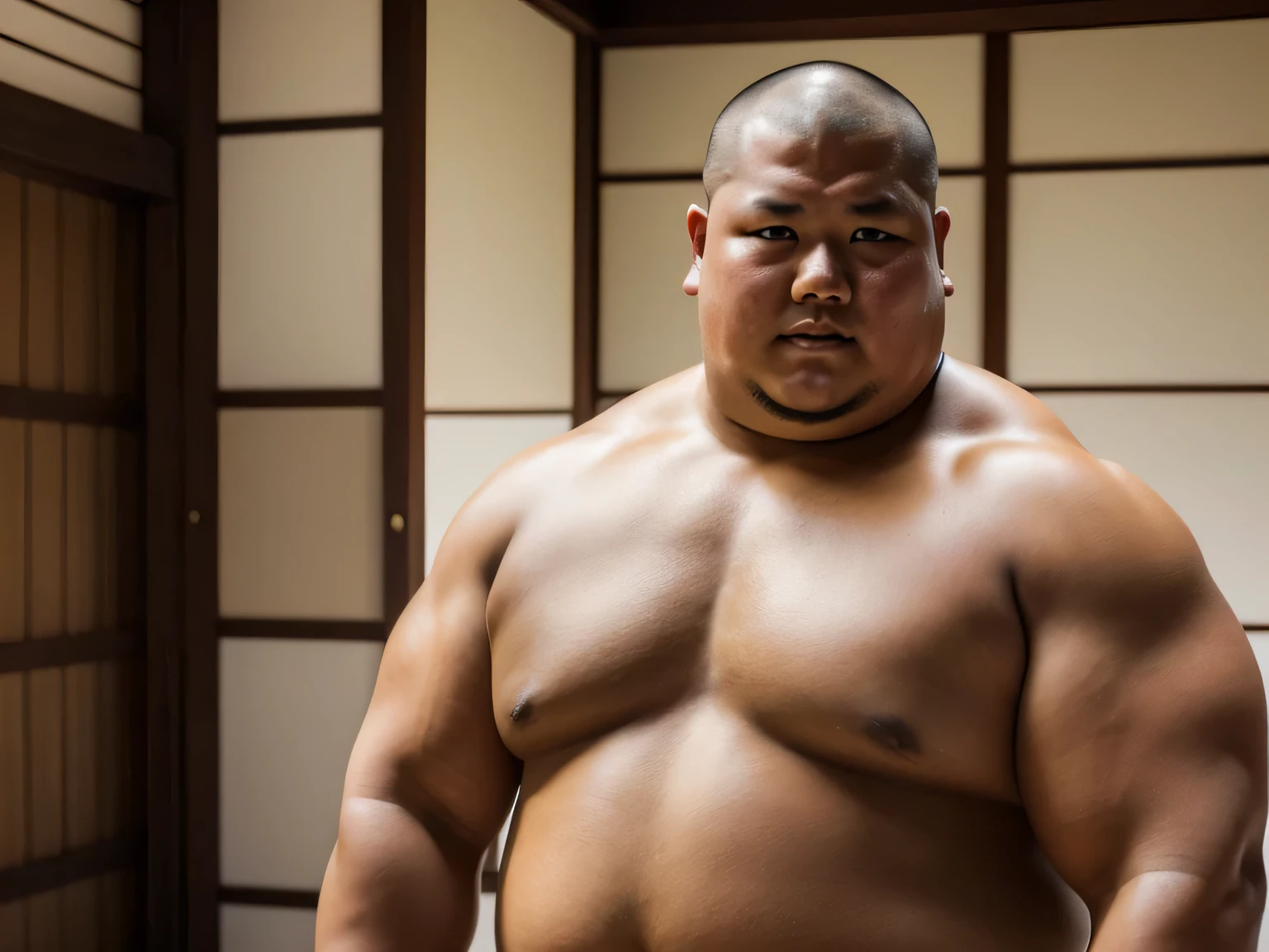 A young monk from ancient Japan, who looks like a fat bodybuilder like a sumo wrestler、He was standing there with a sunburned face and a haggard look on his face.
