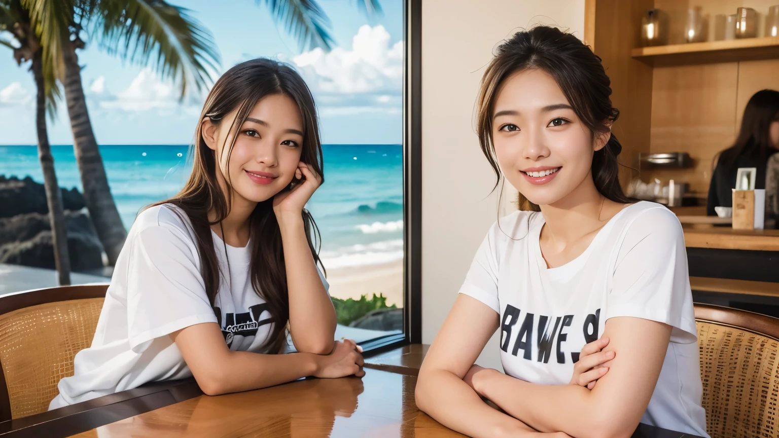super high quality, Fashion Model, smile, Slender, The staff is working at the counter in the back., (8k、RAW Photos、highest quality、masterpiece:1.2), (Realistic、Photorealistic:1.37), Beautiful Face , Mesh Hair, Golden Ratio, Raw photo, Light Brown Hair, Small breasts, Summer clothes, Hawaiian Cafe, Loose Palmer, Hawaiian Cafes, Beautiful hairstyle, Cafe with a coast view, Travel abroad, Hawaii Travel, 28 years old, 優しいsmile, T-Shirts,