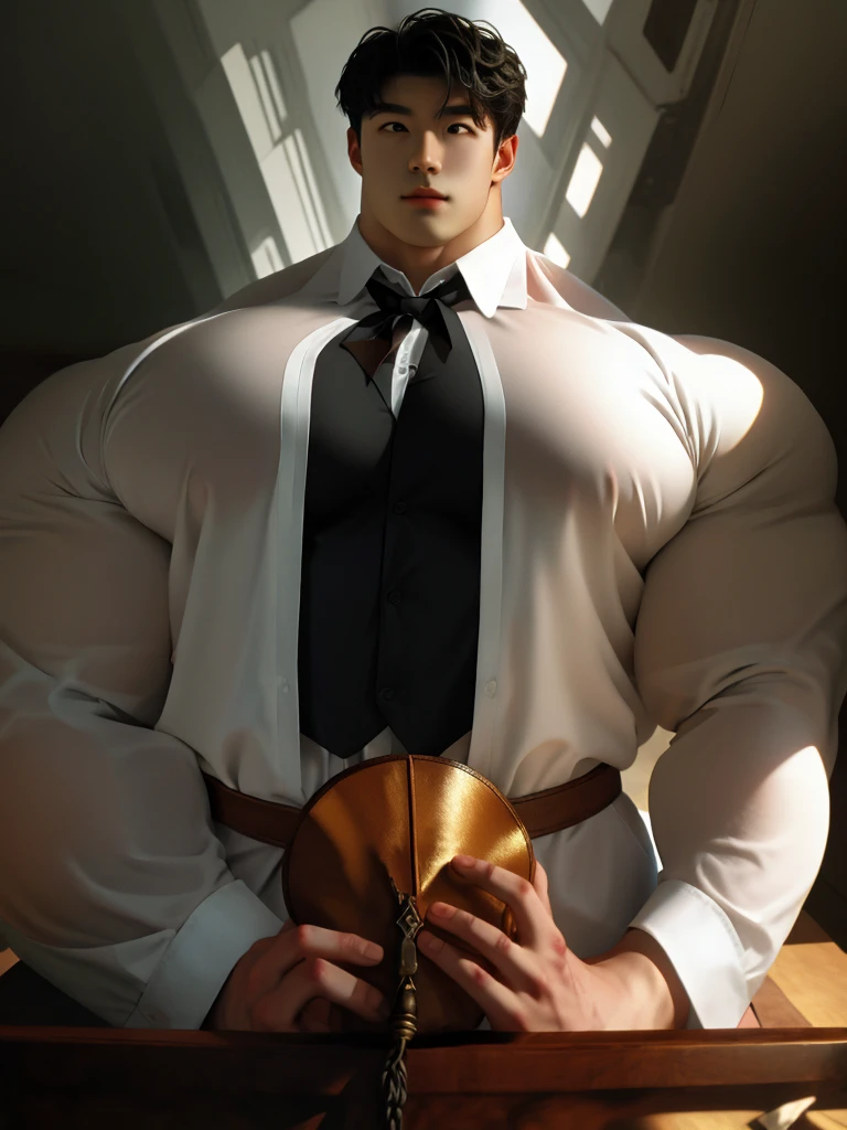 1man, a 28 year old muscular korean man, giant, strong body, brutalmass, massive body, bulk, wide pecs, large body size, wearing a long sleeve white shirt and bowtie, soft lighting, masterpiece, best quality, 8k ultra hd, dslr camera, film grain, Fujifilm XT3 photorealistic art by Midjourney and greg rutkowski