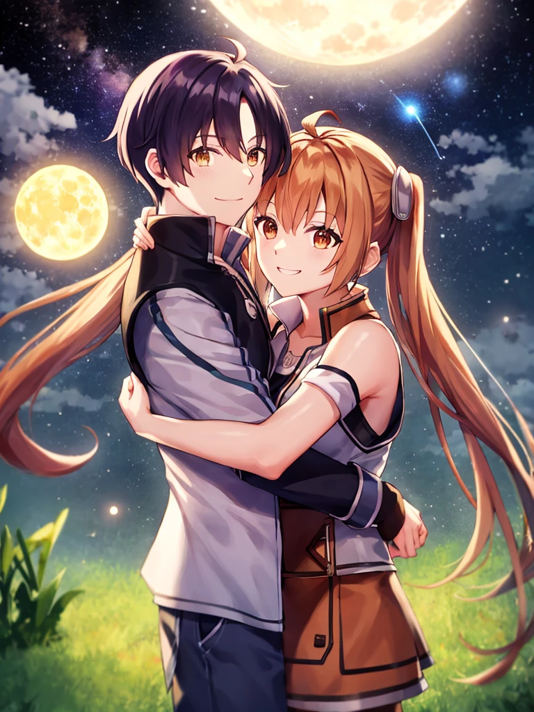 (masutepiece, Best Quality, hight resolution, nffsw, Perfect Pixel, depth of fields, 4K), , Perfect body,  1boy, 1girl, hug, smile, night view, star, Meteor shower, moon