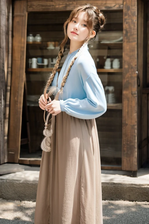 (Light brown curly hair buns),Long Bangs,
Clear light blue hair color,Randomly curled hair,Hair braided on both sides,Hair swept away by the wind,