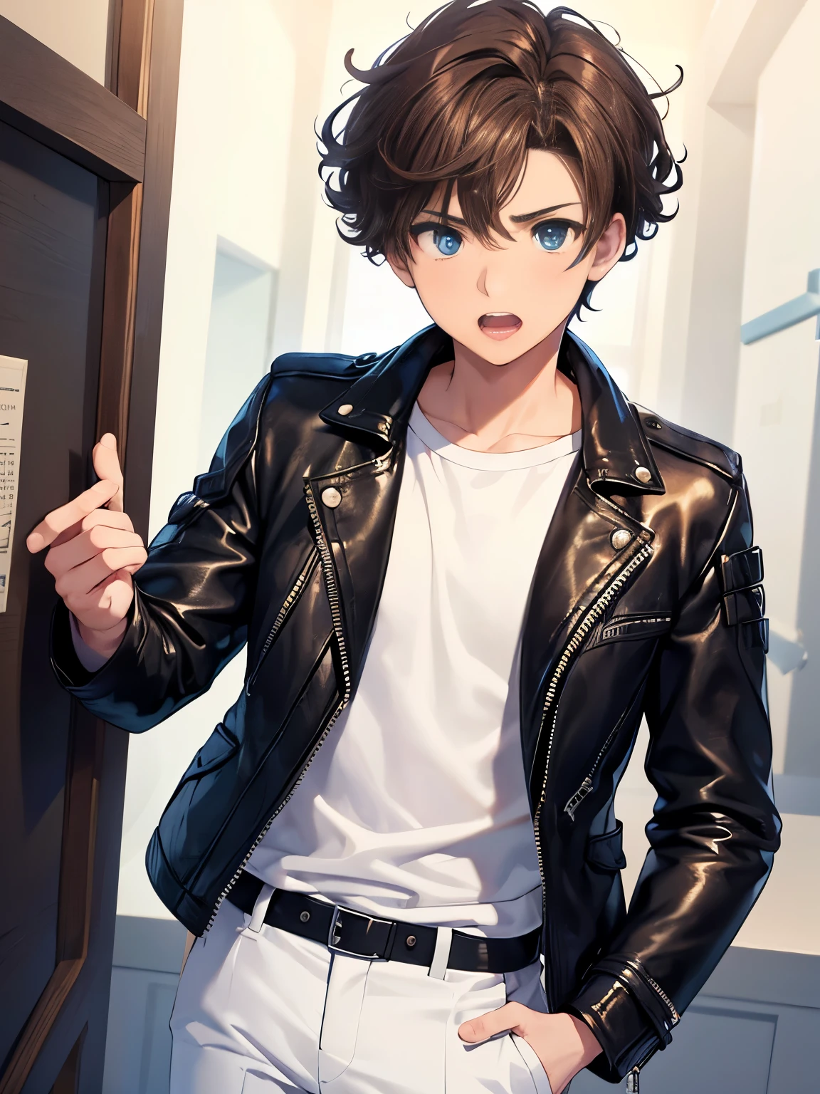 1boy,guy,standing,Shocked expression, teeth showing,blue eyes,close up photo,18 years old,Curly hair,medium hair,undercut hairstyle,light brown hair,black jacket,Leather jacket,white t-shirt,white trousers,morning,ultra detail,masterpiece
