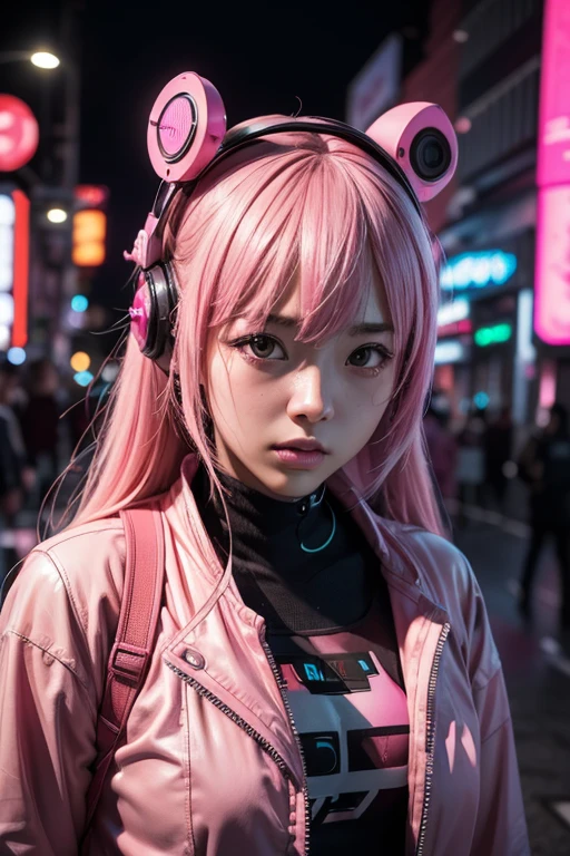(8k, RAW Photos, highest quality, masterpiece:1.2), (Realistic, photo-Realistic:1.37),(Japanese female models), cute,(Pink Neon),(cyber punk),
