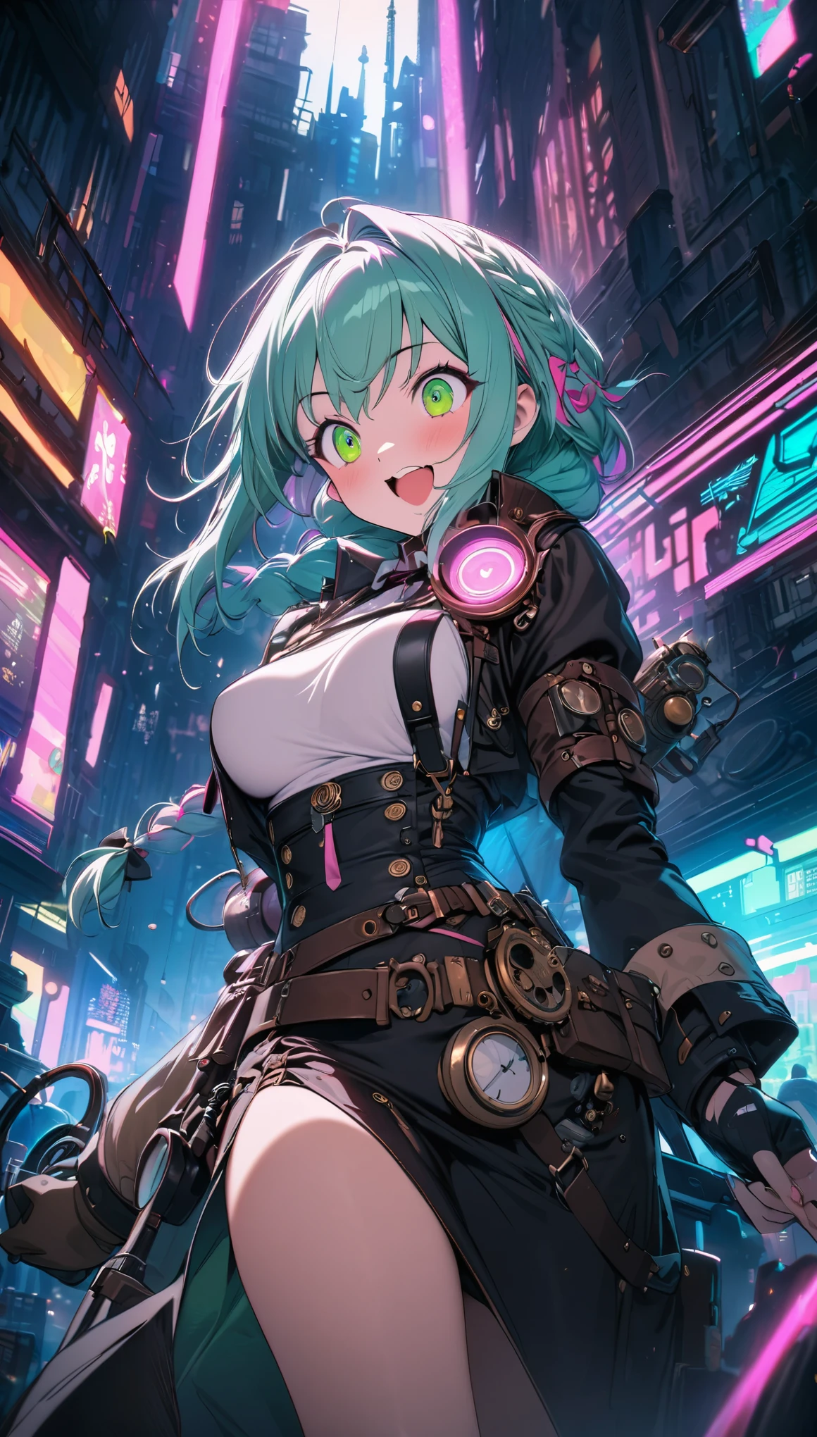 best quality, super fine, 16k, incredibly absurdres, extremely detailed, cute female warrior, excited look, white messy short side braided hair, superlative body proportion, wearing pink line with steampunk and dieselpunk neon color light gear wear, cyberpunk night city whose basic colors are green and blue