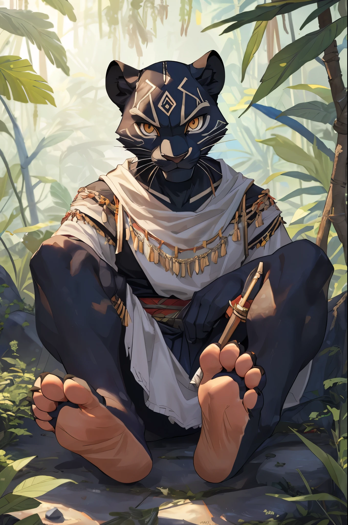 (((Barefoot furry character, full body, cinematic setting, furry male, plantigrade))) Curare depicted as beefy, stealthy and agile (((black panther))) anthro with sleek black fur and piercing amber eyes. Clad in tribal-inspired attire with dart motifs symbolizing curare's traditional use in blow darts. The figure sitting barefoot in a dense rainforest setting, surrounded by vines and exotic plants like Strychnos toxifera, used in curare preparation by indigenous tribes. (((nice soles of feet paws))), BREAK, detailed background, 8K, (masterpiece:1.5), intricate details, highly detailed, extreme detail, octane render, fine art, best quality, highres, (detailed face:1.5), ((full_body)), UHD, (((perfect hands))), low light, (((SFW)))