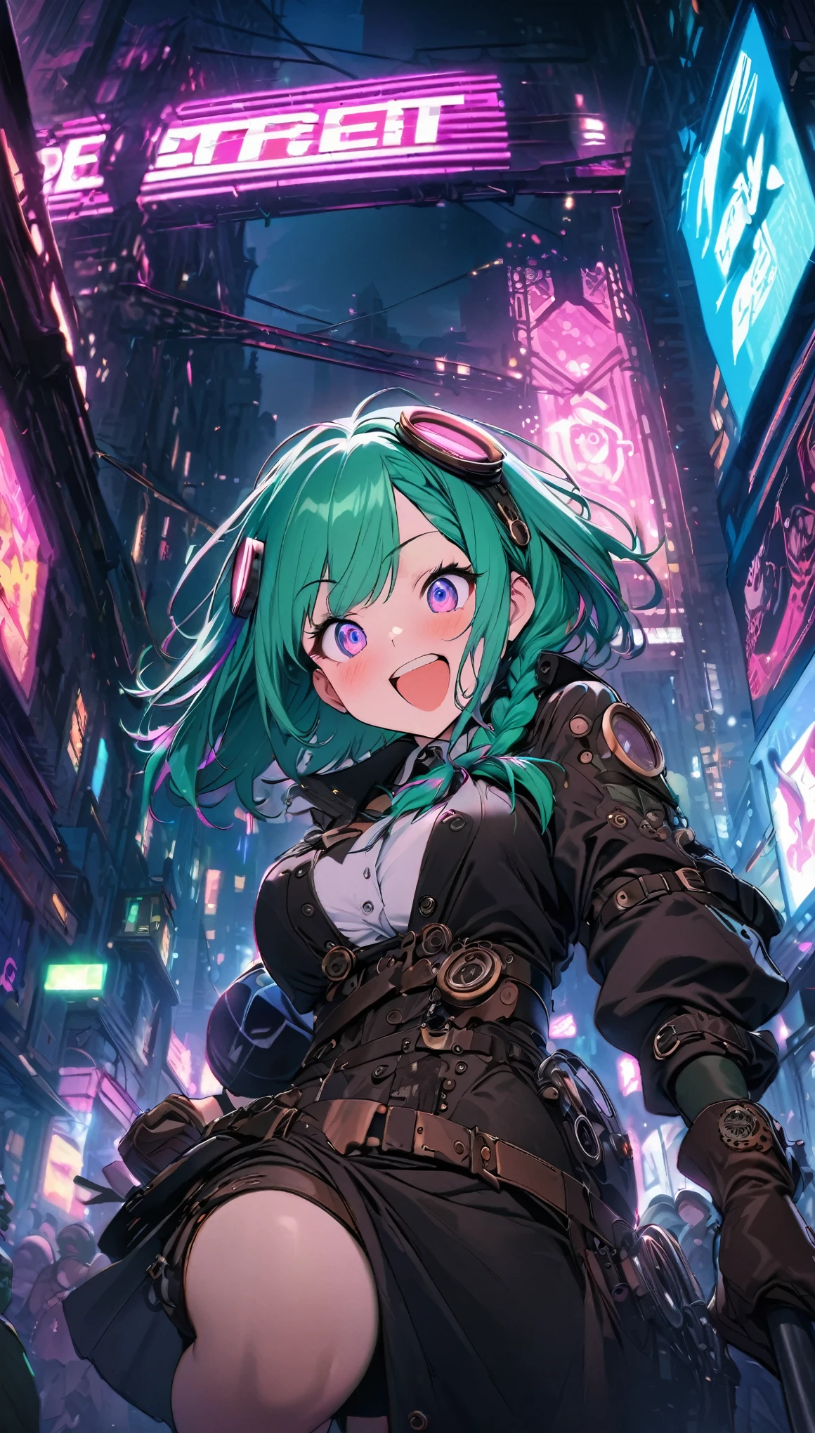 best quality, super fine, 16k, incredibly absurdres, extremely detailed, cute female warrior, excited look, white messy short side braided hair, superlative body proportion, wearing pink line with steampunk and dieselpunk neon color light gear wear, cyberpunk night city whose basic colors are green and blue