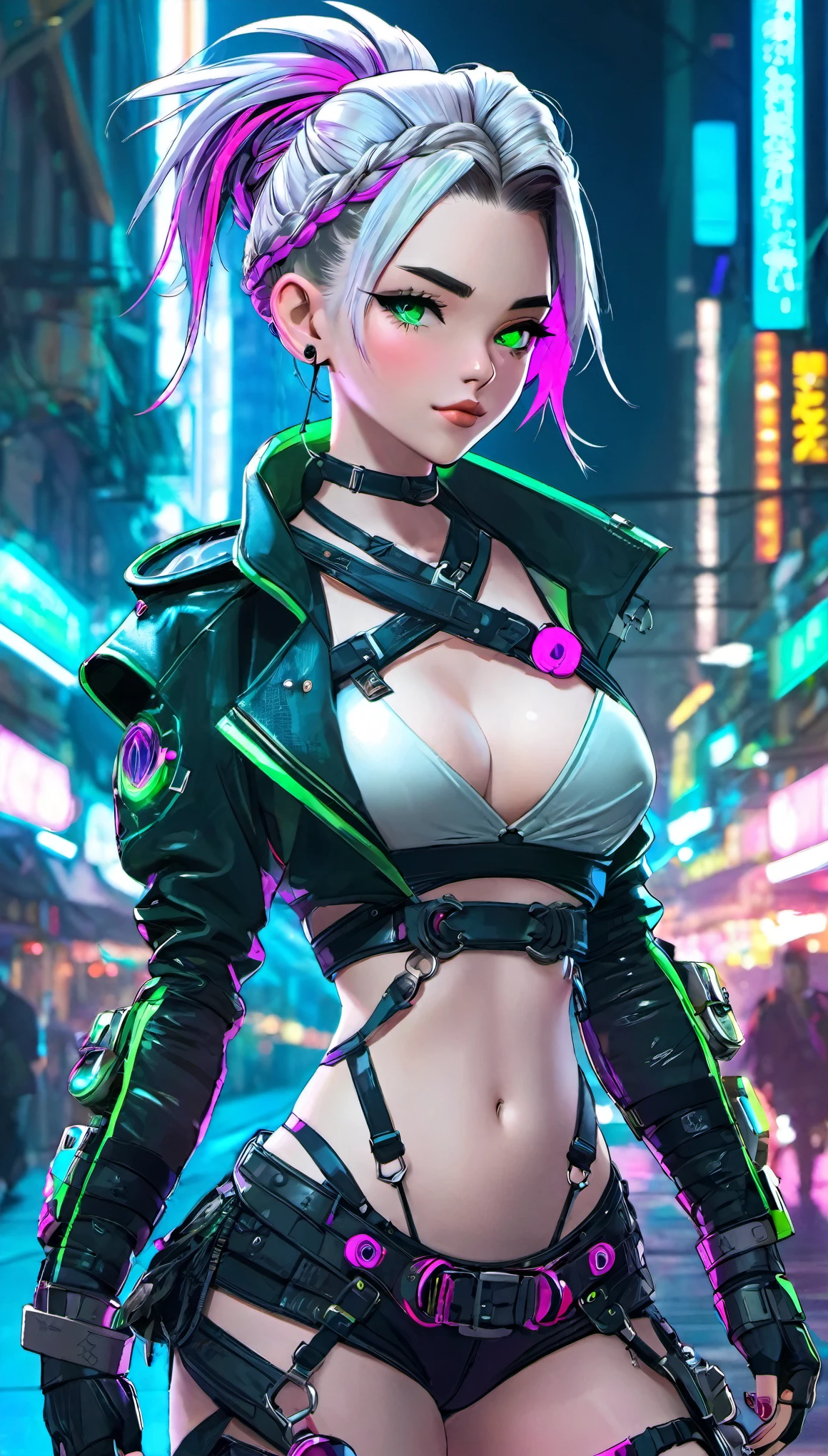 best quality, super fine, 16k, incredibly absurdres, extremely detailed, cute female warrior, excited look, white messy short side braided hair, superlative body proportion, wearing pink line with steampunk and dieselpunk neon color light gear wear, cyberpunk night city whose basic colors are green and blue