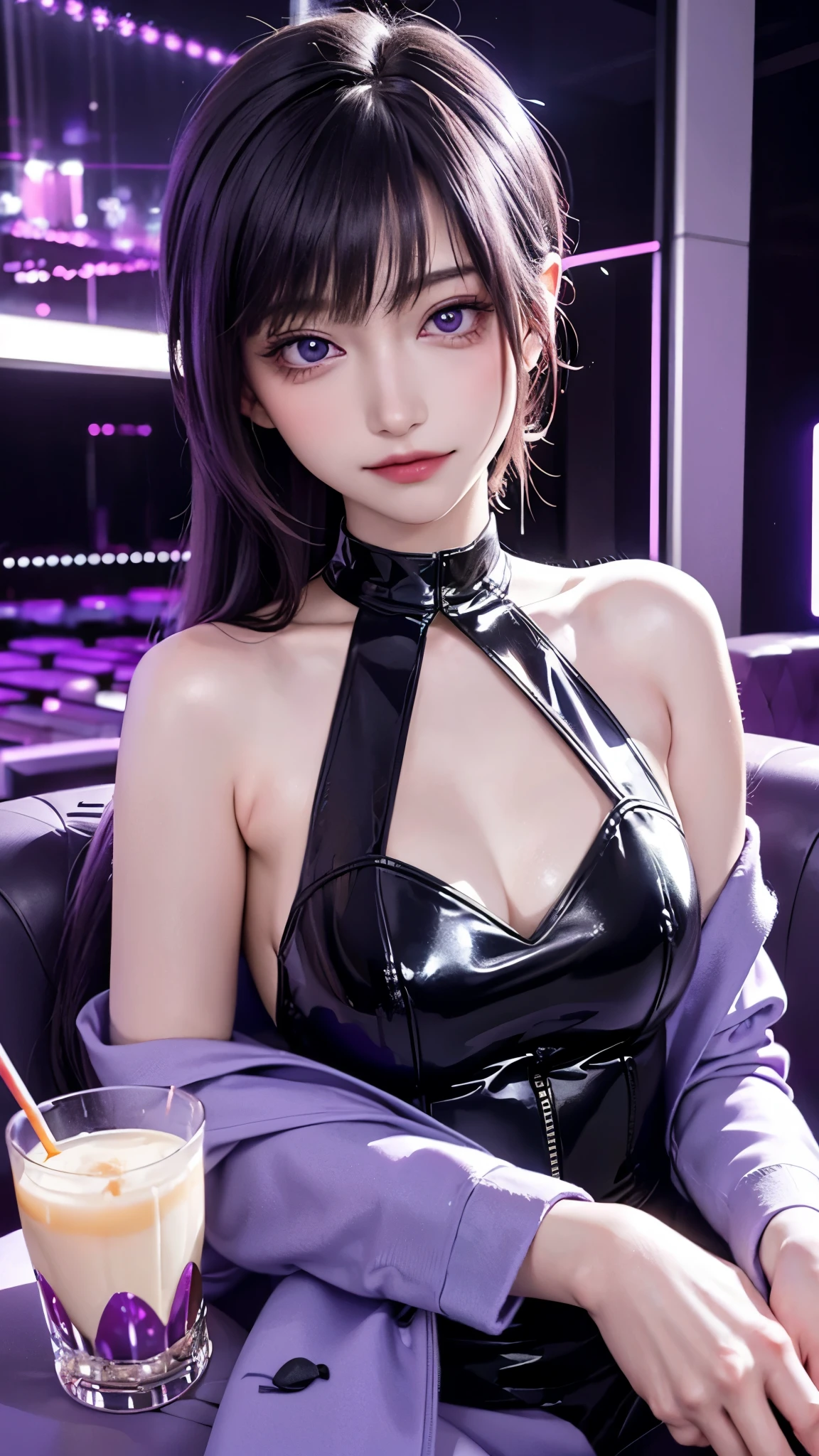 最high quality, high quality, pretty girl, alone, beautiful purple hair, Beautiful purple eyes, A light smile, (nightclub:1.3, Night lounge:1.3, lounge lady:1.5, Hostess:1.5)