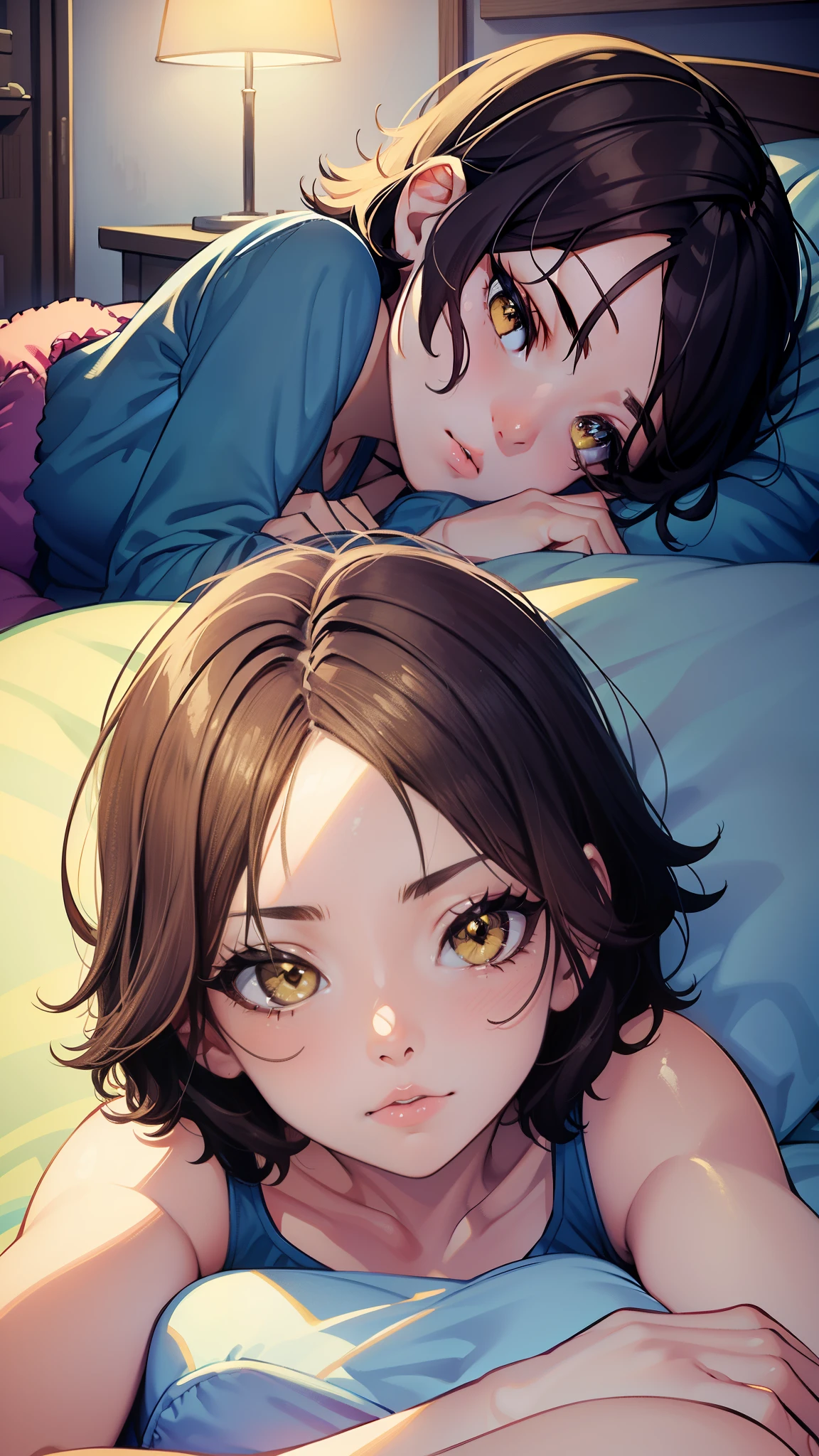 short hair, brown hair, yellow glowing eyes, perfect lips,sleepy look ,  ready to sleep, cute expression, cute face, laying in the bed,  pajama, pillow, tank top, babe doll , sleepyhead pose, ultra detailed face, long eyelashes, sharp eyes , Fullbody shot, dinamic viewer, night sky , dinamic point of view, diferents point of view, room, dinamic picture , laying in the bed