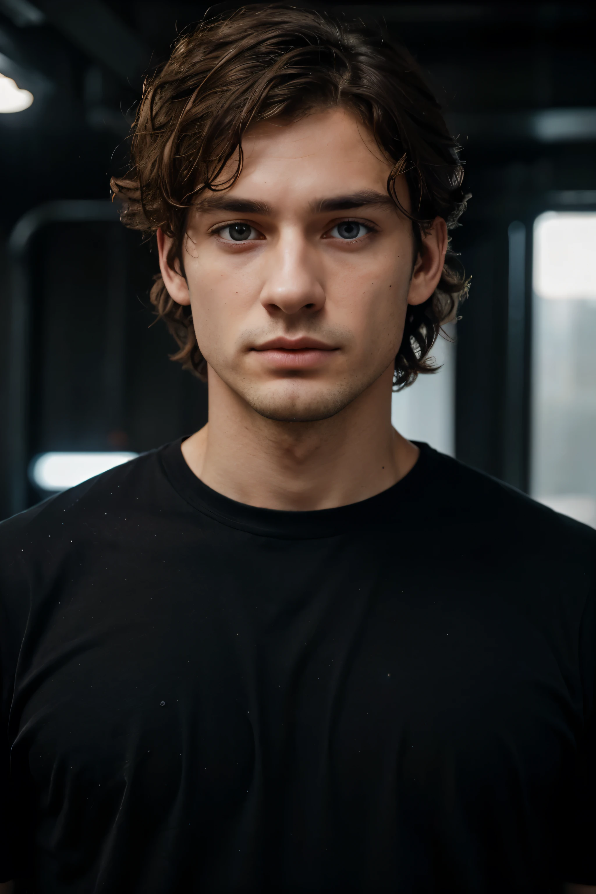 29-year-old man, By the chestnut, Un poco de pelo rizado, pelo hasta el cuello, cabello realmente desordenado, pelo tupido, Labio inferior delgado, pale skin color, piel extremadamente blanca, piel clara, ojos hacia arriba, Ojos grandes, blue eye with brown moiré, long eyelashes, cara cansada, cara seria, Cuerpo delgado, cuerpo bien construido, 182 cm de altura, Small nose, un poco de barbilla incipiente, rasgos faciales suaves, vistiendo camiseta negra, Concepto oscuro, dark lightning space, extremadamente realista