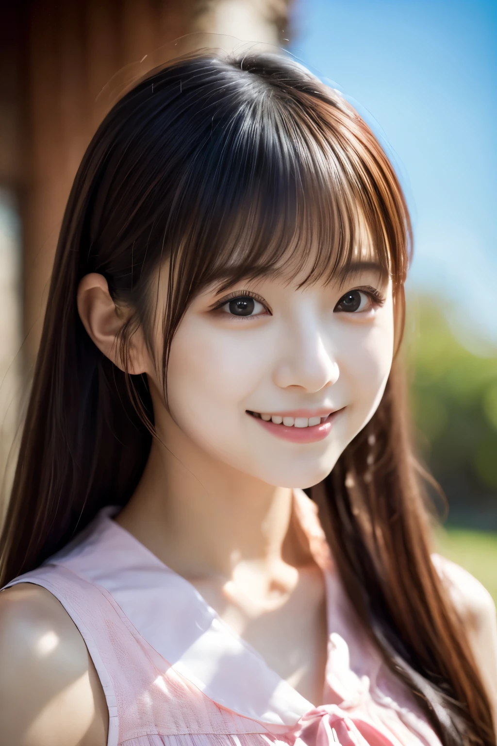 1 Japanese girl, beauty, Cute face, Idol Style, (Pink Shirt Dress:1.2), (RAW Photos, highest quality), (Realistic, Realistic:1.4), Tabletop, Very delicate and beautiful, Very detailed, 2k wallpaper, wonderful, finely, Very detailed CG Unity 8K 壁紙, Very detailed, High resolution, Soft Light, Beautiful detailed girl, Very detailed目と顔, Beautiful and sophisticated nose, finelyて美しい目, Cinema Lighting, (The background is blue sky), Perfect ???????, Slender body, small, bangs, smile,