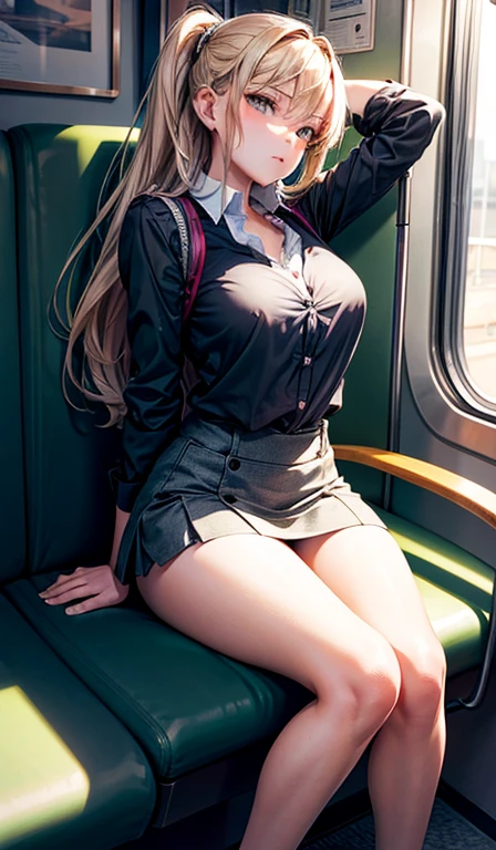 I was sitting on the long seat of the train, she wears miniskirt, Her arms hang loosely from the buttons of her blouse