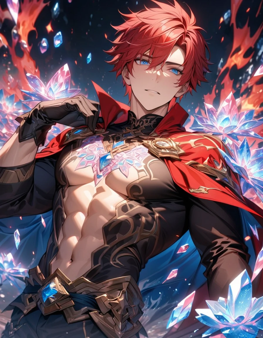 absurdres, highres, ultra detailed, HDR, masterpiece, extremely detailed face and eyes, Roy, red hair, expressive blue eyes, Fire Emblem, solo, sexy man, handsome, red cape, black tight shirt, patterns, toned chest, black gloves, pink ice flowers, pink ice butterflies, water