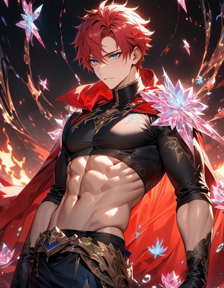 absurdres, highres, ultra detailed, HDR, masterpiece, extremely detailed face and eyes, Roy, red hair, expressive blue eyes, Fire Emblem, solo, sexy man, handsome, red cape, black tight shirt, patterns, toned chest, black gloves, pink ice flowers, pink ice butterflies, water