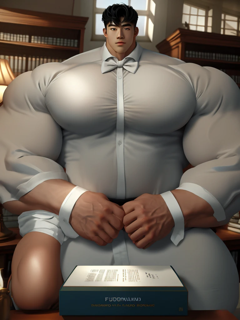 1man, a 28 year old muscular korean man, giant, strong body, brutalmass, massive body, bulk, wide pecs, large body size, wearing a rolled sleeve white shirt and bowtie, illuminating light, library bookshelf, masterpiece, best quality, 8k ultra hd, dslr camera, Fujifilm XT3 photorealistic