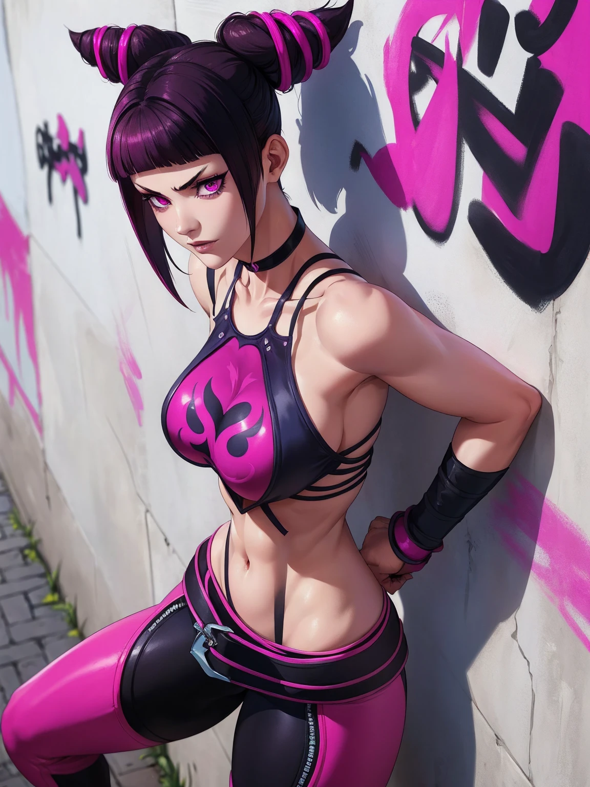 { - anatomy error} (Masterpiece - Ultra-detailed, very high resolution)Juri Han,Masterpiece, Best Quality, 1girl, report, crop-top, jean shorts, Choker, (graffiti:1.aint splatter, (Hands Behind Your Back), Against a wall, looking a viewer, A bracelet, thigh strap, Paint on the body, tilt of head, bored, fiery hair color, magenta eyes, juri han ,rosto yandere,brava