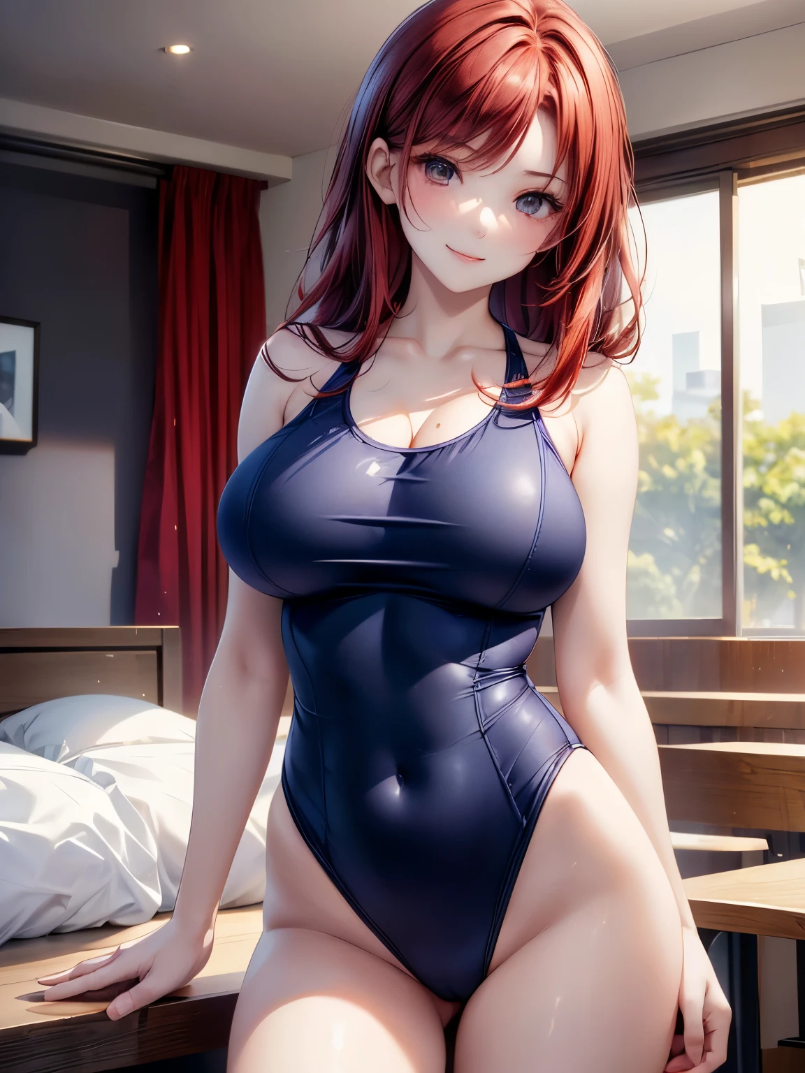 highest quality、Nice sexy body、One Woman、solo、(Beautiful busty woman:1.5)、Woman with straight hair、((Woman with dark red hair))、Woman with straight hair、((A woman wearing a navy blue one-piece school swimsuit))、smile