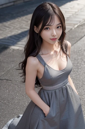 best quality, detailed, beautiful, insanely detailed, absurdres,perfect anatomy,
Japanese female,black hair,27 years old,
(slender),
(small breasts best quality),
(full body shot:1.1), delightful, smiling, walking, wavy hair, grey fashion dress, (fashion show runway), front view, from above, (spot lighting:1.3)