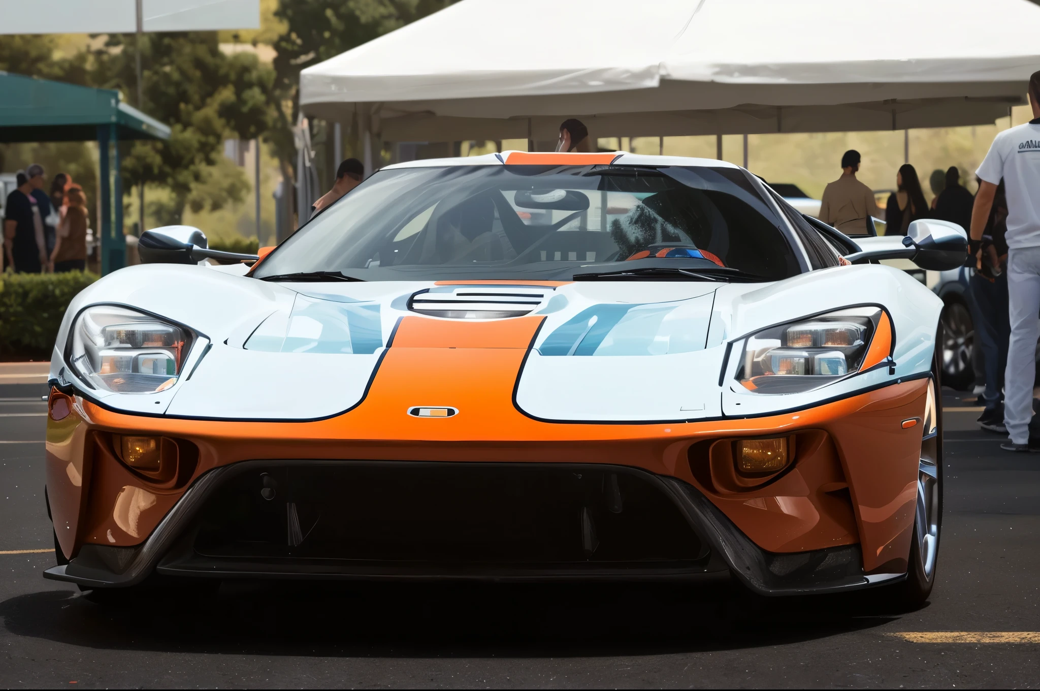 a close up of a car parked in a parking lot with people standing around, gt40, shot from the side, close body shot, front profile shot, ultra wide shot, ultra wide-shot, lit from the side, cinematic front shot, ultra wide, front perspective, super wide shot, front profile, car shot