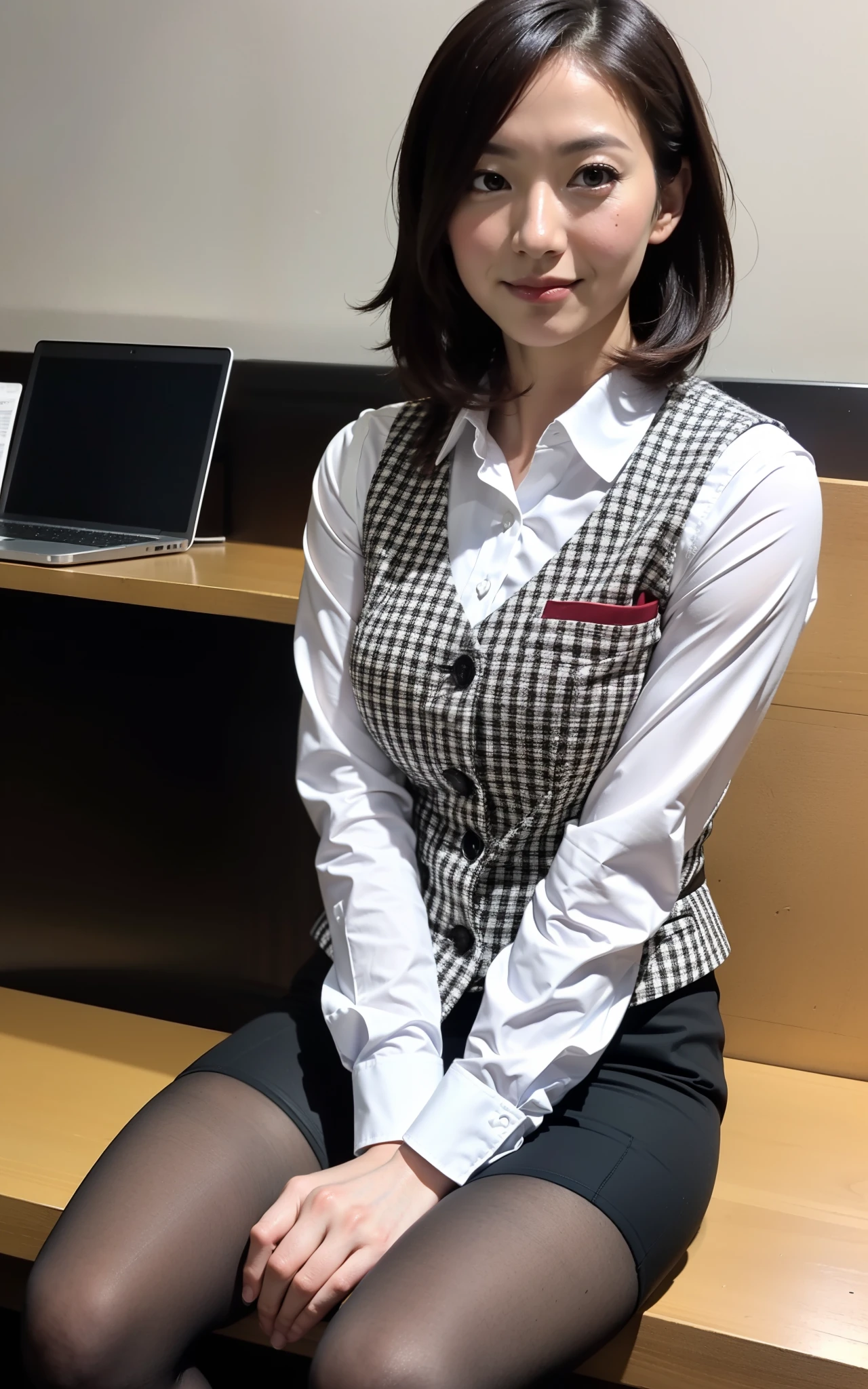 Highest quality、masterpiece、8K、Very detailed、Realistic、(50 years old)、(Wrinkles around the eyes:1.2)、(Wrinkles around the mouth:1.2)、(Looking at me with a mischievous smile)、whole body、(Big Breasts)、Thin and beautiful legs、Tight and slim waist、(A tight, sleeveless buttoned-up collared shirt:1.2)、(Short tight skirt:1.2)、Short Hair、(Erect nipples:1.3)、Sitting in a chair in the office、(Breast bag:1.2)
