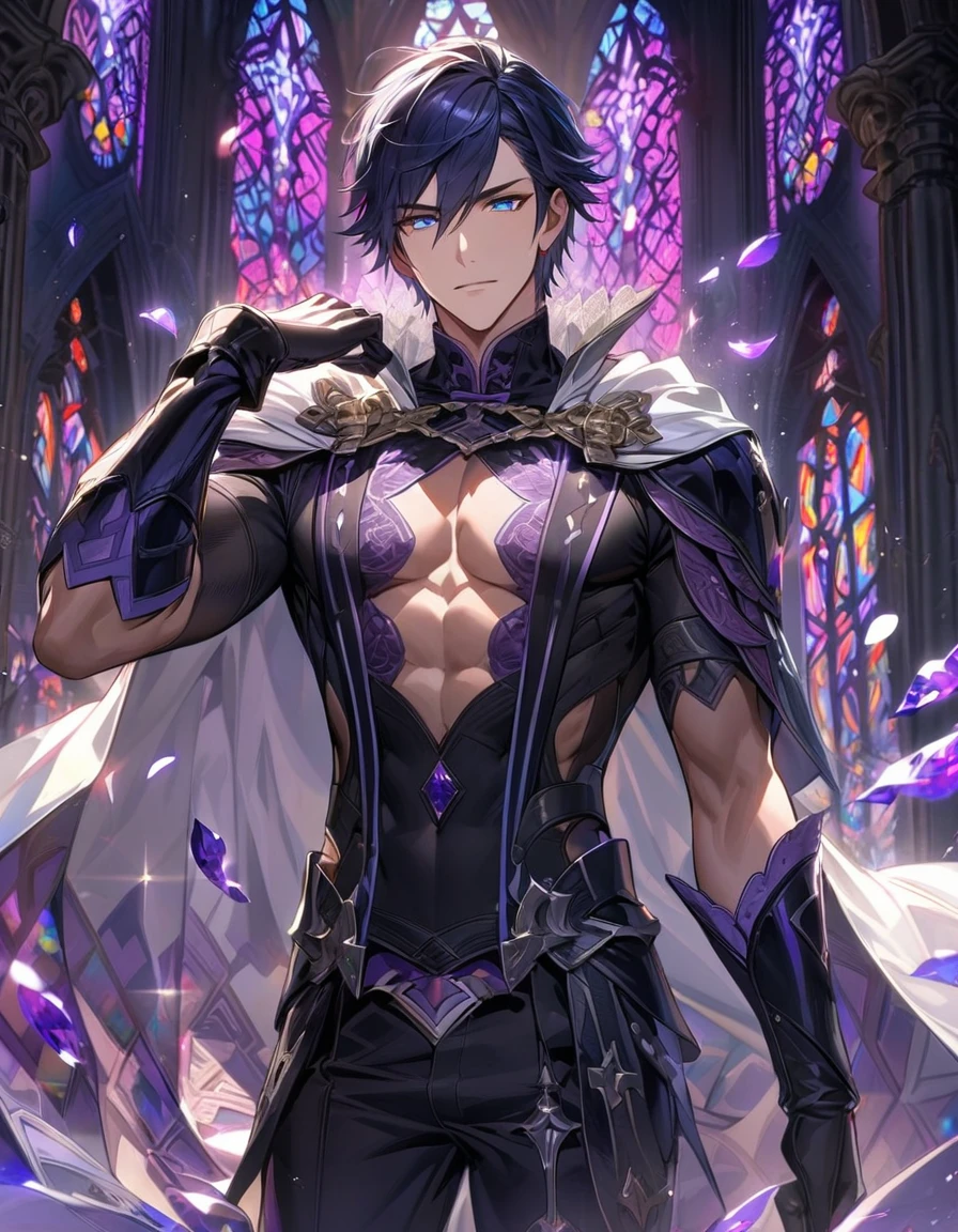 Ultra detailed, HDR, Highres, absurdres, master piece, Chrom, dark blue hair, expressive blue eyes, Fire Emblem Awakening, white cape with patterns, black tight shirt, purple stained glass, purple ice, petals, purple ice flowers, sexy man, solo, extremely detailed face and eyes, extremely handsome, glittering, black pants, toned chest, glittering eyes, black gloves,