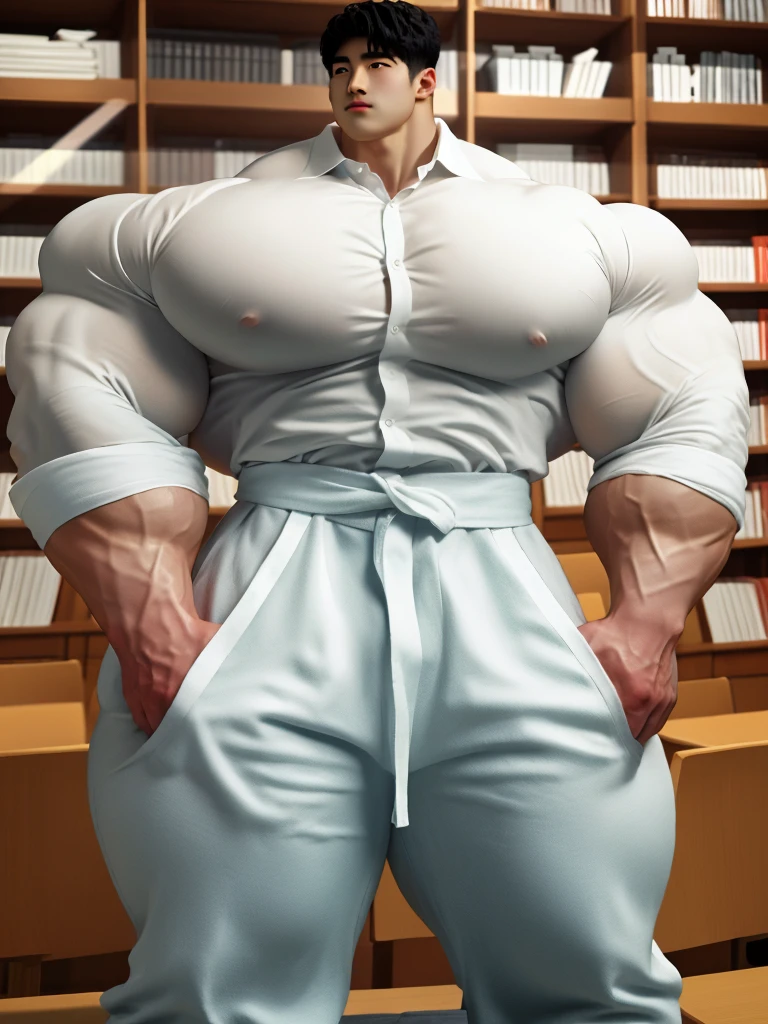 1man, a 28 year old muscular korean man, giant, strong body, brutalmass, massive body, bulk, wide pecs, large body size, wear a white shirt and pants, illuminating light, library bookshelf, masterpiece, best quality, 8k ultra hd, dslr camera, Fujifilm XT3 photorealistic