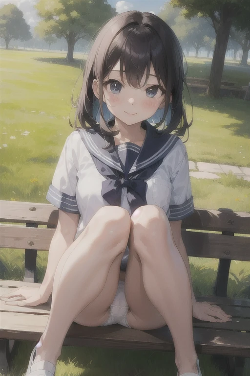 highest quality、Super Resolution、8K,(masterpiece:1.3), (Absurd:1.3), (highest quality:1.3), (Very detailed:1.3), One girl, View your viewers, smile, Outdoor,Photographed from the perspective of looking up at her feet, Summer sailor uniform,ailor collar,、Sit on a bench、She spreads her legs、Show panties shyly、She shows off her white frilly panties to the viewers.、