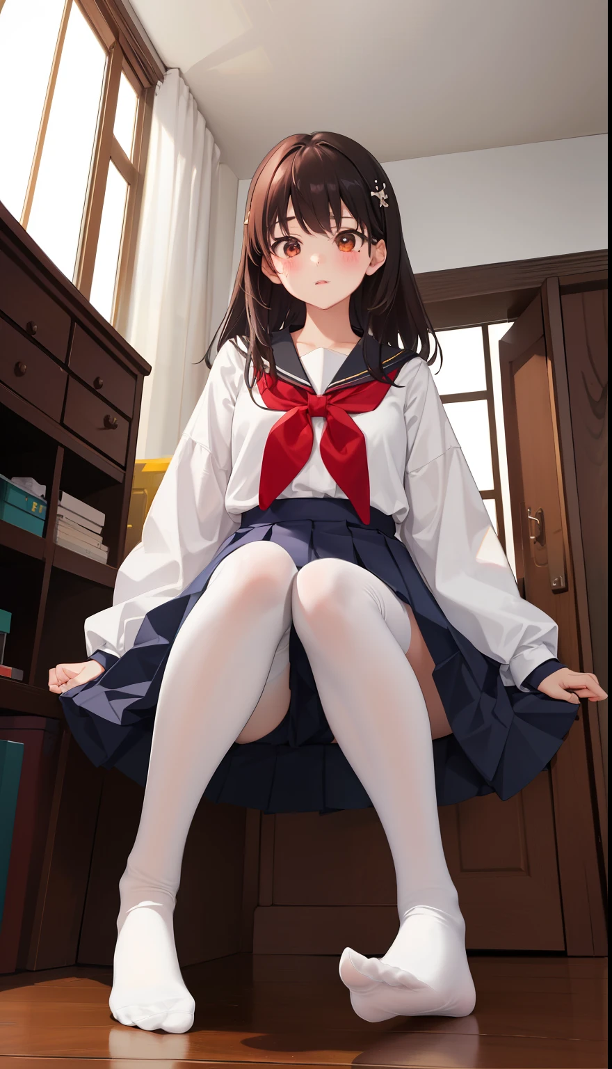 1girl in、Front-facing、Composition from below、Full body portrait、brown haired、Medium haircut、red blush、Absolute Area、knee sox、knee high、stockings、panthyhose、lacepantyhose、White underwear、No shoes、White pleated skirt、student clothes、Japan High School Student Uniform、summer clothing、inside the house、during daytime、(small tits)、((full bodyesbian))、masterpiece、(top-quality)