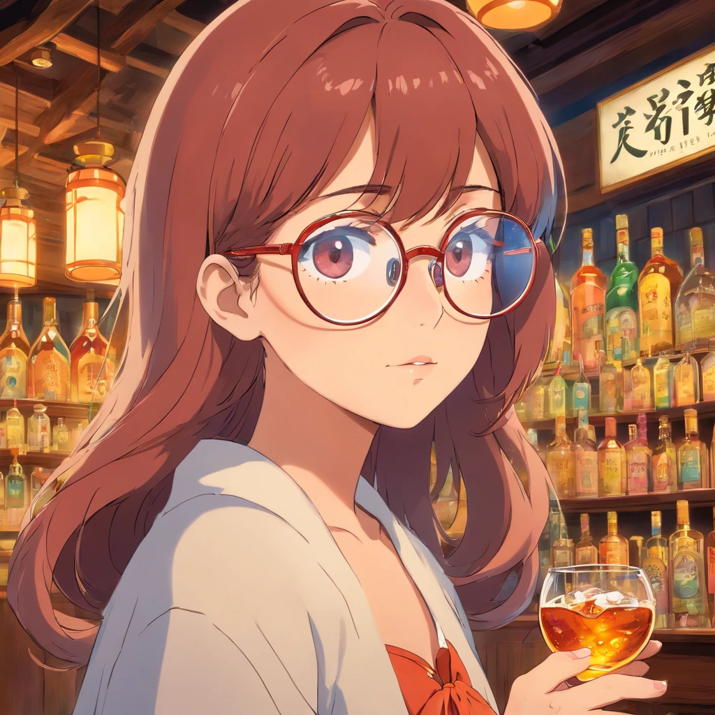 ((masutepiece)), ((Best Quality))、Two-dimensional girl、huge-breasted、big round glasses、bbw、red blush、Saizeriya、drink wine