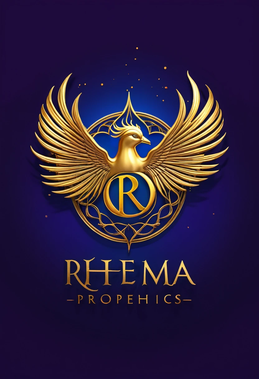 A captivating 3D render of the "RHEMA Prophetic" channel logo featuring a bold, spiritual font with the name prominently displayed. The design incorporates a swirling flame, signifying divine presence and revelation, with a vividly detailed dove in the center, symbolizing the Holy Spirit. The background is a gradient of deep blue, violet, and gold tones, evoking a sense of mystery, transcendence, and divinity. The logo exudes originality and visual impact, making it easily recognizable and adaptable to various platforms. The simplicity and legibility of the design leave a lasting impression on viewers, accurately representing the essence of the "RHEMA Prophetics" channel. The vibrant colors and cinematic feel add a touch of fashion and contemporary appeal., cinematic, 3d render, vibrant, fashion