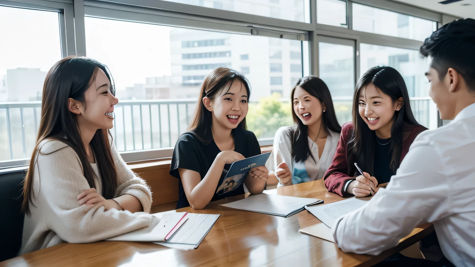 Several young people of different nationalities sitting around a table and laughing, Background is floor-to-ceiling windows , A group of university students sitting at the table, Vibrant atmosphere, smile at each other, High-quality images, All sorts, fascinating, University, Have a great time, Background Image，Very dynamic communication atmosphere，There are notebooks and books on the table，Notes, etc.。No shaking of face。