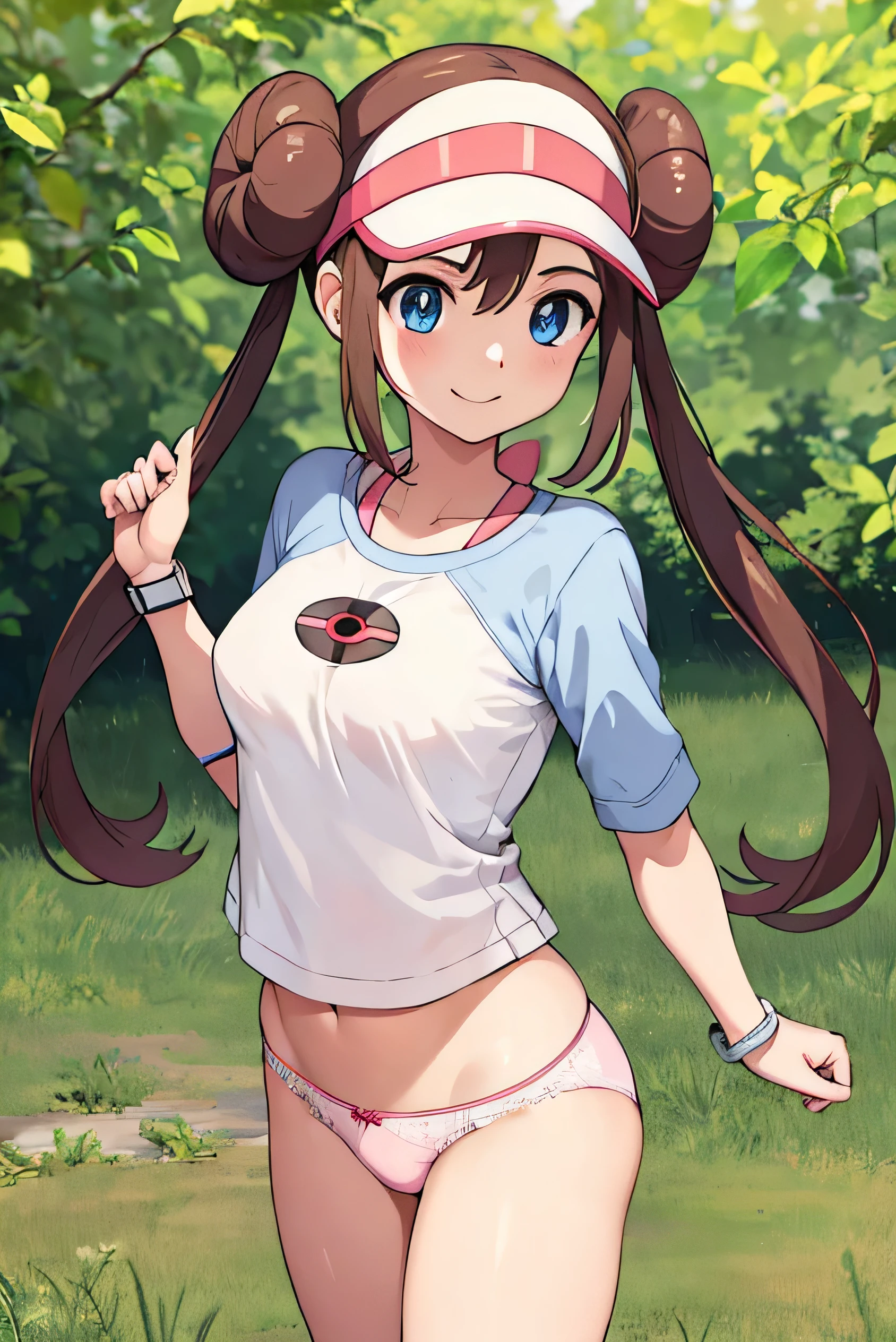 masterpiece, highest quality, High resolution, RO1, Hair Bun, blue eyes, Twin tails, Visor Cap, , In underwear, White lace panties,Fine grain，(Excellent rendering)， Pink ribbon, watch, Are standing, Cowboy Shot, Field, poke ball \(Basic\), smile