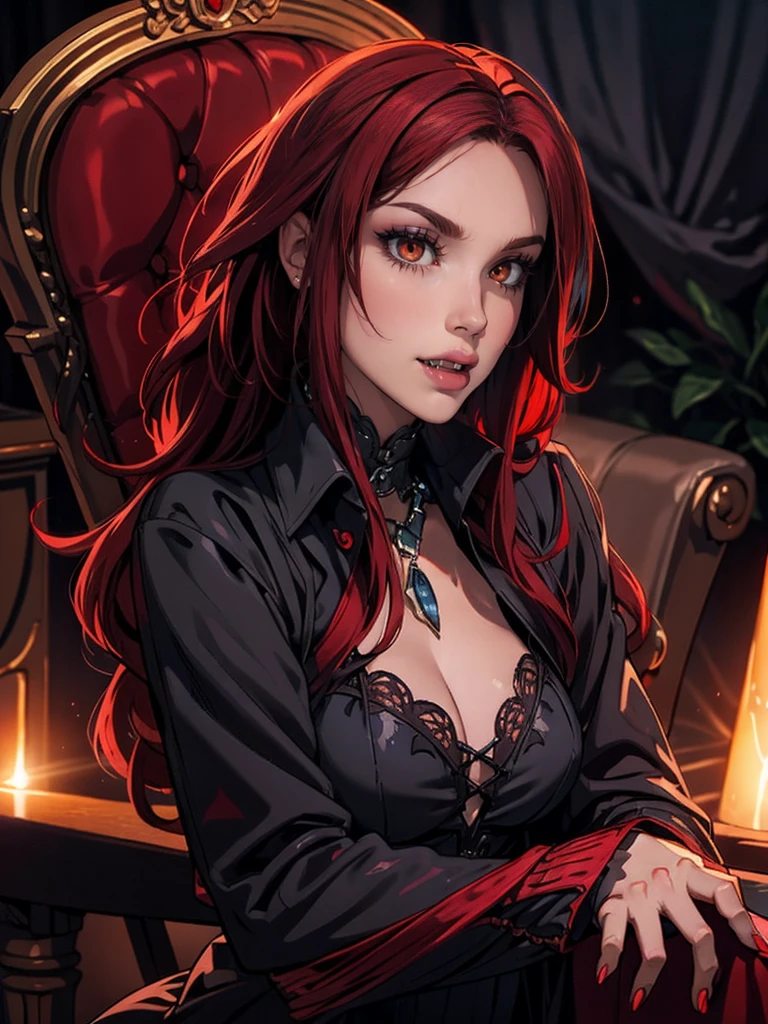 High vampire female, goth Renaissance, red hair, long hair, intricate, dark dress, glowing eyes, fantastical, vampire, fangs, hyper detailed, 32k resolution, volumetric lighting, hyper detailed, intricately detailed, Unreal Engine 5, volumetric lighting