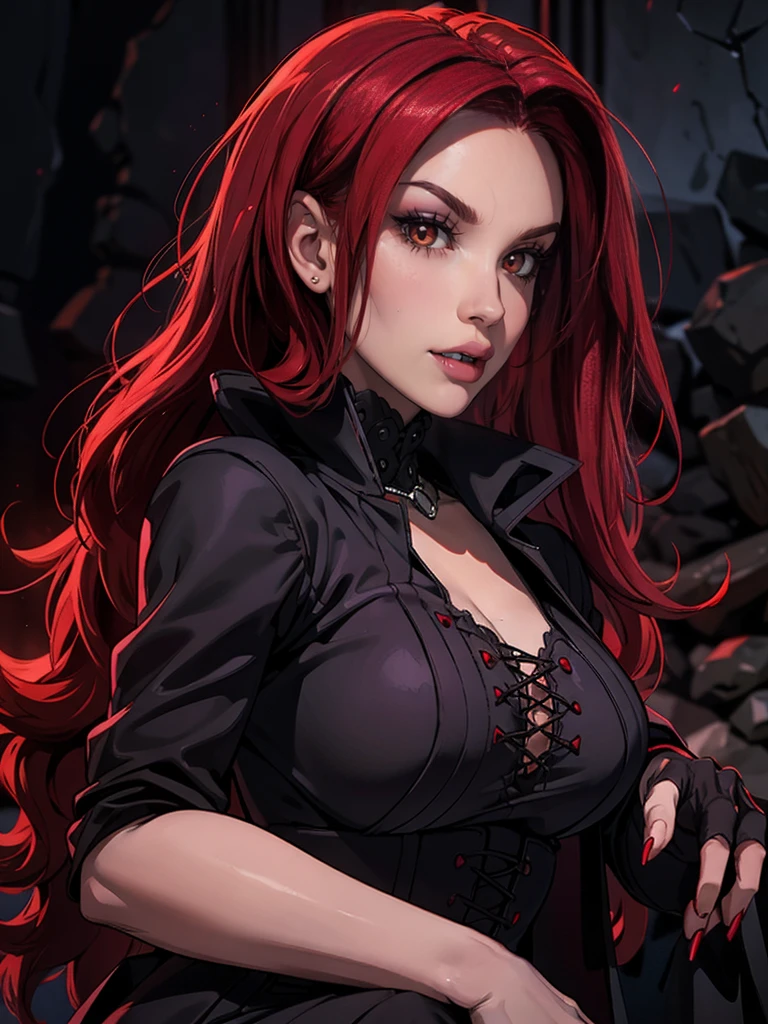 High vampire female, goth Renaissance, red hair, long hair, intricate, dark dress, glowing eyes, fantastical, vampire, fangs, hyper detailed, 32k resolution, volumetric lighting, hyper detailed, intricately detailed, Unreal Engine 5, volumetric lighting