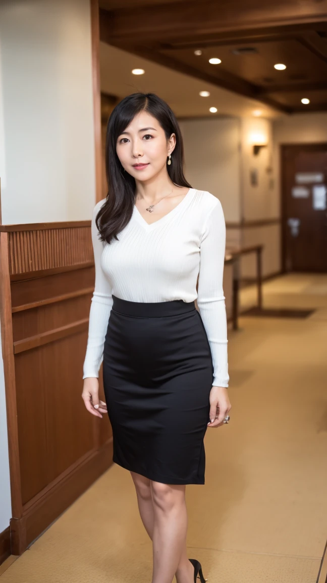 High resolution, highest quality, masterpiece, Textured skin, Anatomically correct, sharp, (((Full body photo))), (Shooting from the side), (Alone in the hotel lobby), (walking), ((Japanese Mature, 42 years old)), Nasolabial folds, Black straight hair, Semi-long hair, (Plump figure:1.1), Shapely small breasts, (Looking at the camera), Serious expression, (Business look), ((teacher)), Ribbed V-neck, sweater, Formal tight skirt, pumps, necklace, Earrings