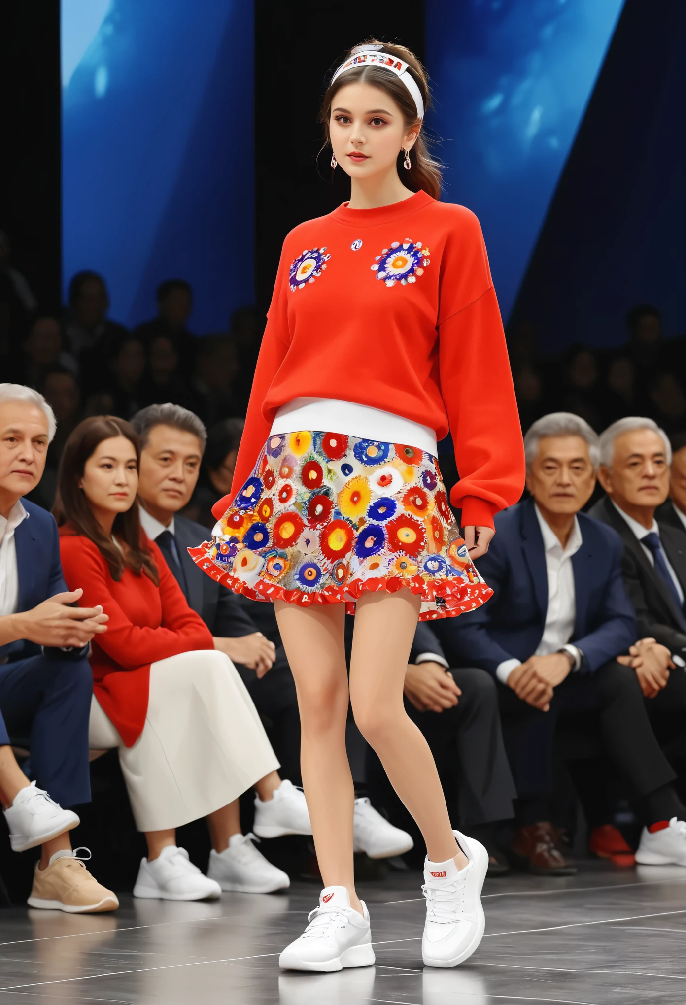 Millefiori glass style,masterpiece, best quality, pus, Headbands, Red sweater, White ruffled skirt, sports shoes, permanent, Looking at the audience 